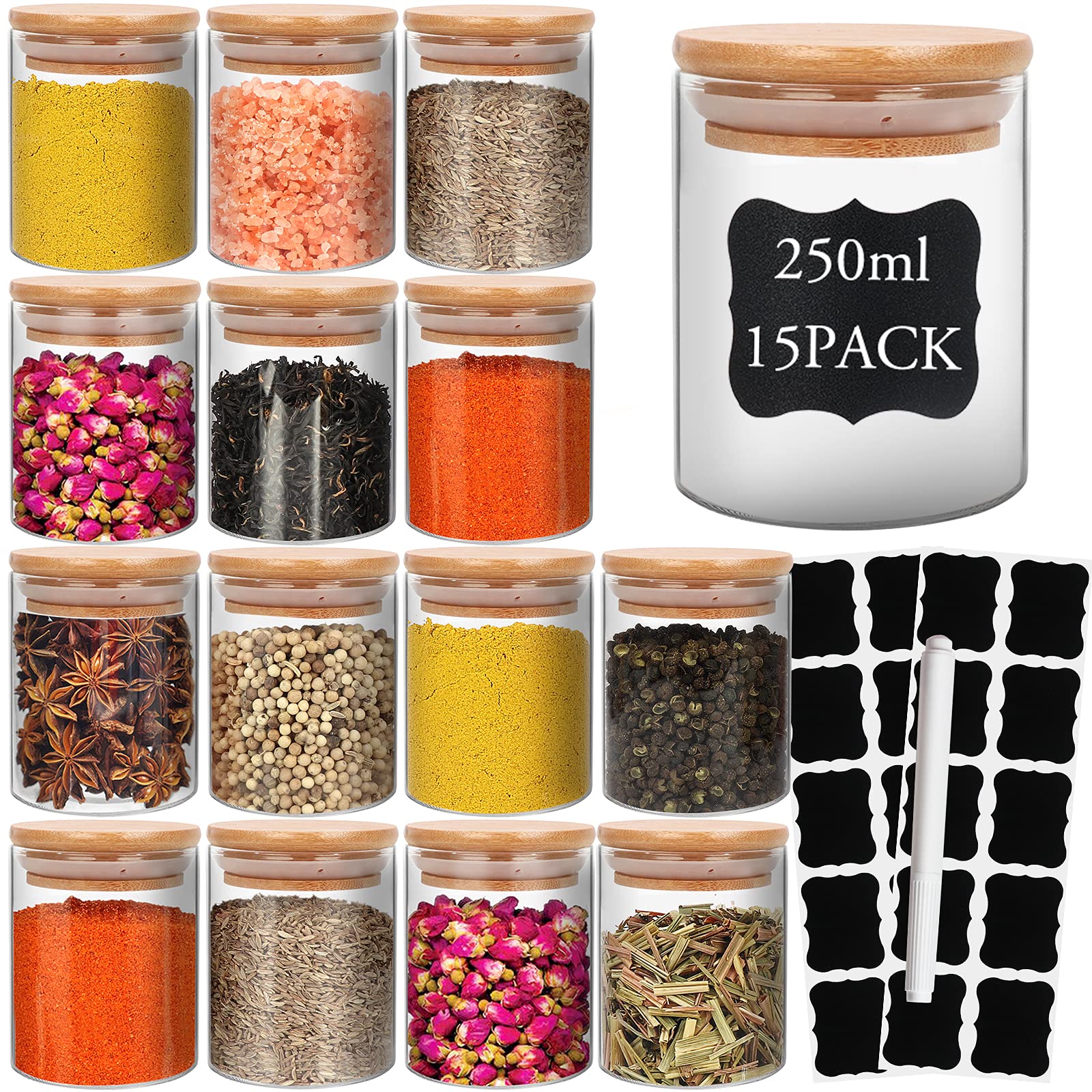 DHSBTLS 6 oz Glass Jars with Bamboo Lids, 15 Pack