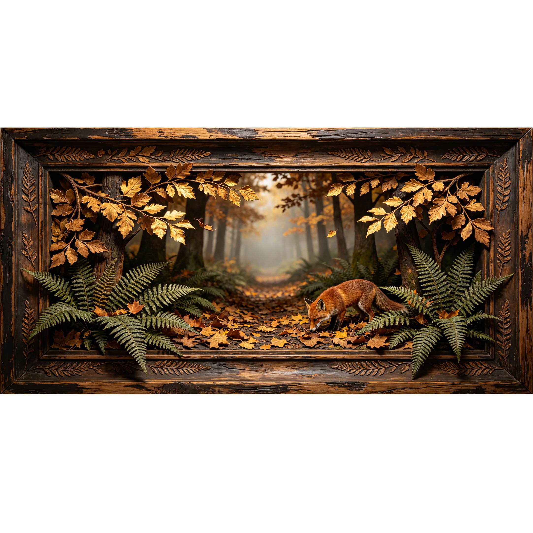 Agglomerix 3D Framed Wall Art Fox in Autumn Forest Path Fern Leaves Wooden Frame Textured Forest Landscape Large Size Self-Adhesive Removable Wall Decor Prints Artwork for Living Room Bedroom Office