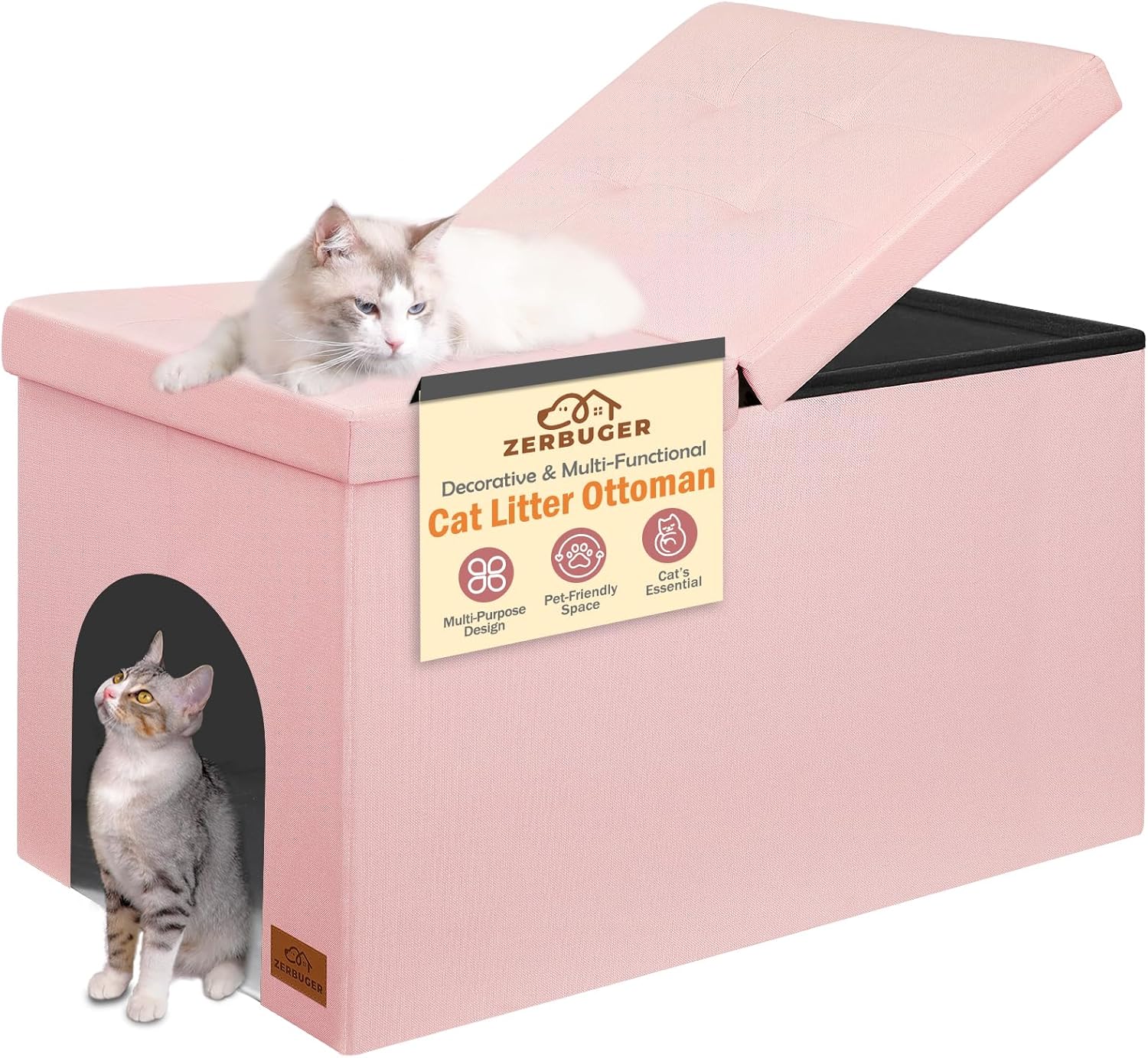 Cat Litter Box Enclosure Furniture for Odor Control, Hidden Cabinet Cats Litter Ottoman with Flip-Up Lid,Cat Litter Box Bench with Storage Space, Dog Proof (Pink, Large)