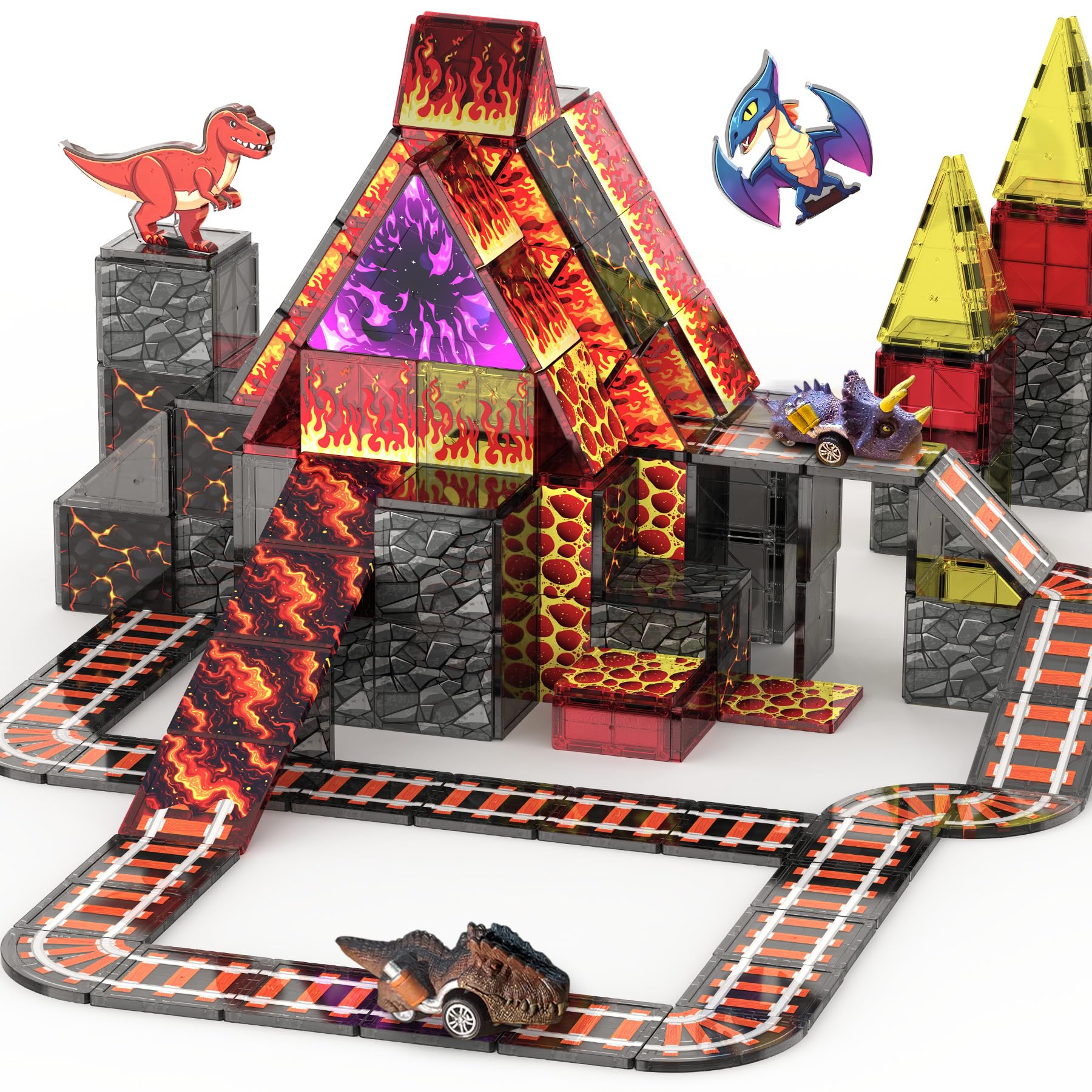 Magnetic Tiles for Kids Ages 4-8 with Pullback Car, Dinosaur Toys for Boys | Volcano Dinosaur World Set, Dinosaur Car, Lava track, Magnet Building Blocks Toys, Stem Birthday Gifts for 3+ Year Old Boys