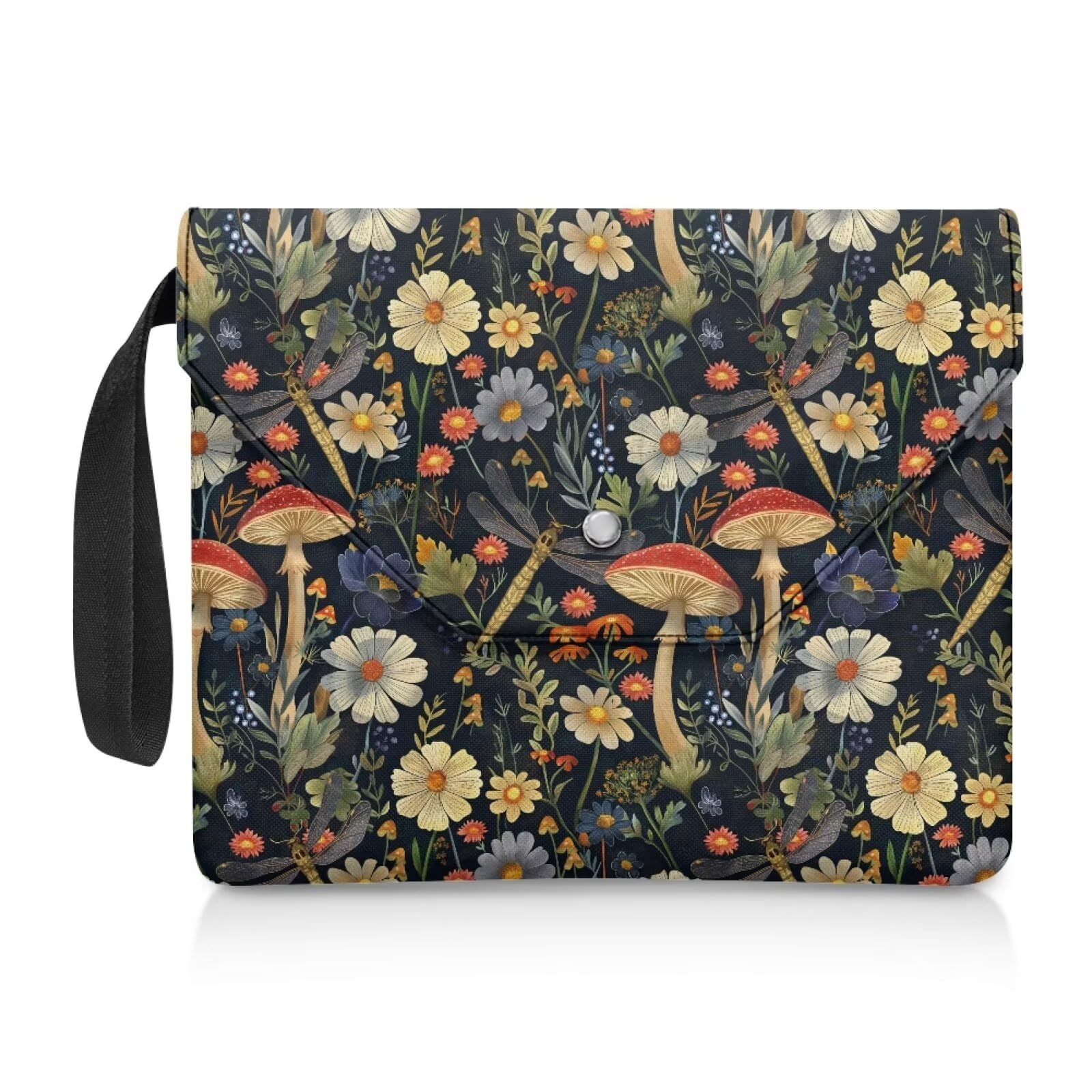 NETILGEN Book Sleeve Protector Book Cover Book Purse for Paperback Hardcover Book Storage Bag Book Sox with Extra Sleeve Pocket Book Nerd Gifts, Mushroom Flower Dragonfly