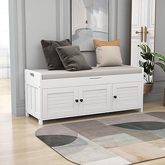 Merax Rustic Storage Bench with Removable Cushion Multifunction Shoe Cabinets for Entryway Hallway Front Door White