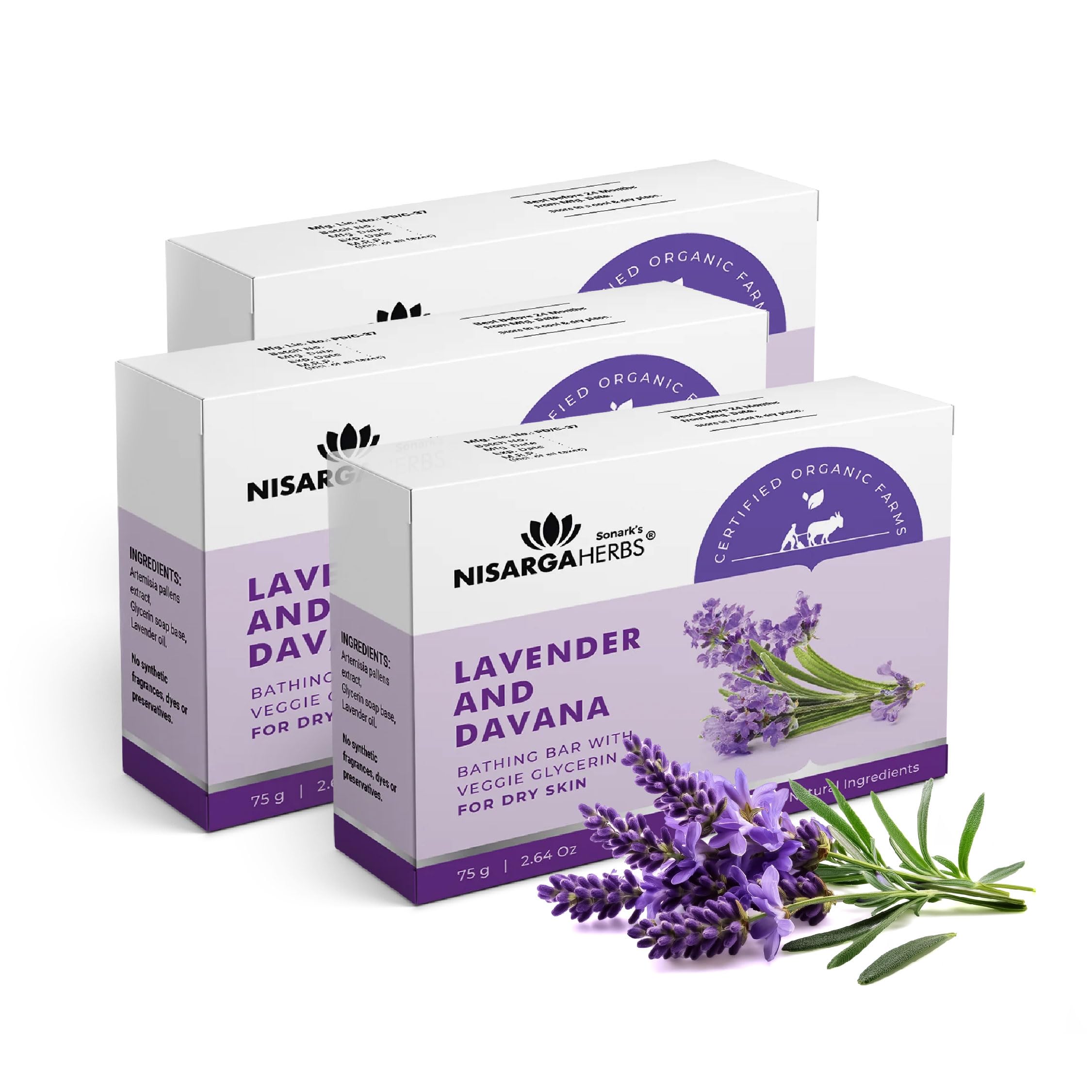 SONARK'S NISARGA HERBS Ayurvedic Lavender Davana Moisturizing Soap (of 3, 75g Each) - Natural Bathing Bar for Dry Skin, Deep Hydration & Blemish Support - Antibacterial & Cooling Herbal Soap