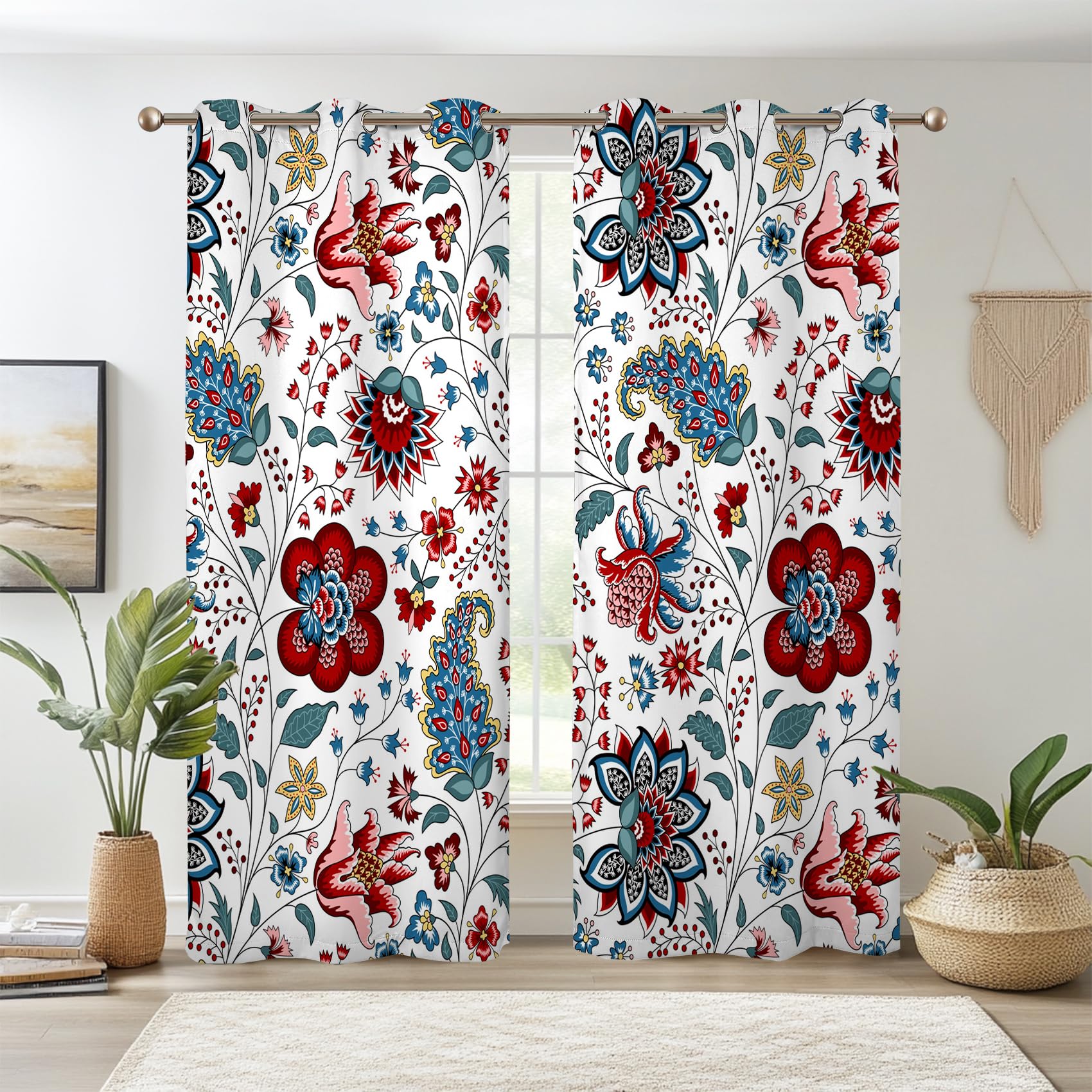Renaiss Boho Floral Blackout Curtains, Bohemian Flower Plant Print Thermal Insulated Bedroom Window Curtains, Botanical Art Window Drapes for Living