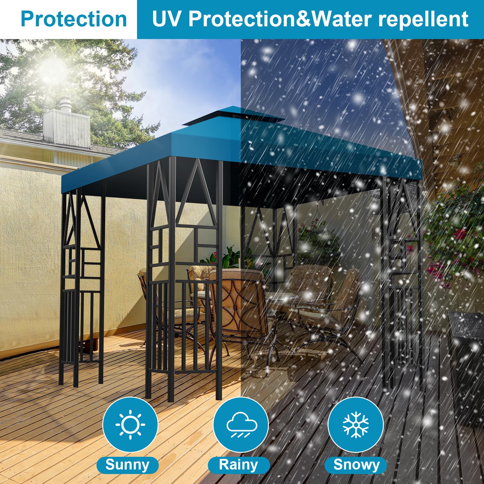 Pavillon Ersatzdach 3x3M Wasserdicht, UV-beständig, Doppellagig mit Belüftung, 12 Fest Integrierten Klettbändern, Hochdichtes Polyesterdach für Gartenpavillon, Grillpavillon oder Partyzelt (Blau)