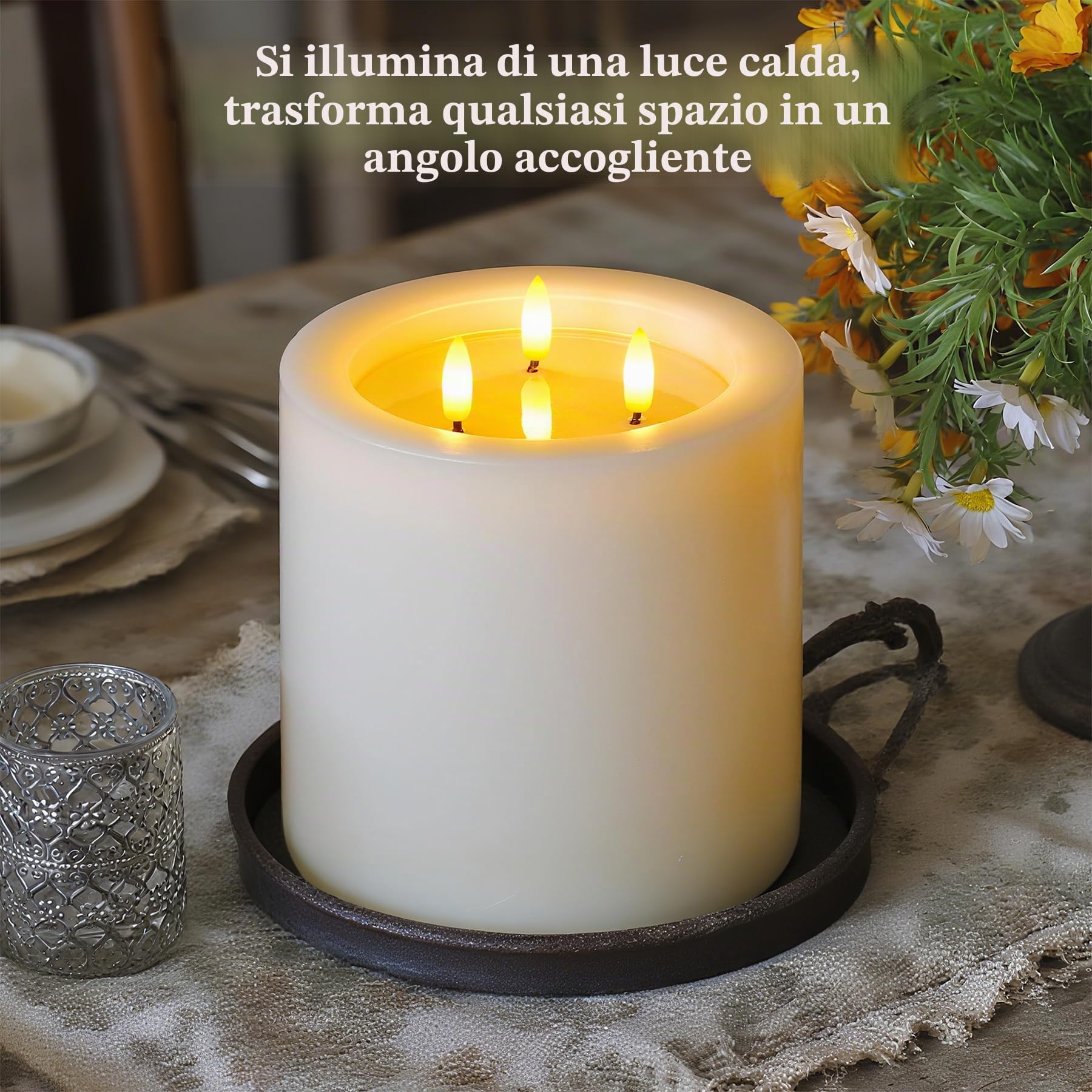 Yeelida Candela a LED senza fiamma di grandi dimensioni a 3 stoppini 15x15cm con telecomando e effetto olio di cera, funzione temporizzazione Candela di cera reale avorio sfarfallanti a batteria