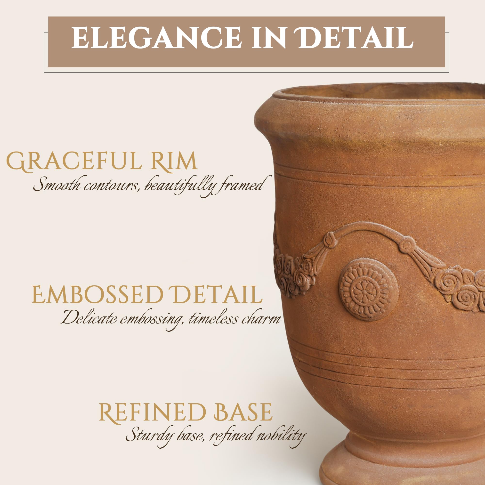 Grand Pot de Fleurs en oxyde de magnésium avec Texture Ciment et Trou de Drainage, 35,6 cm de diamètre x 44,5 cm, Rouille