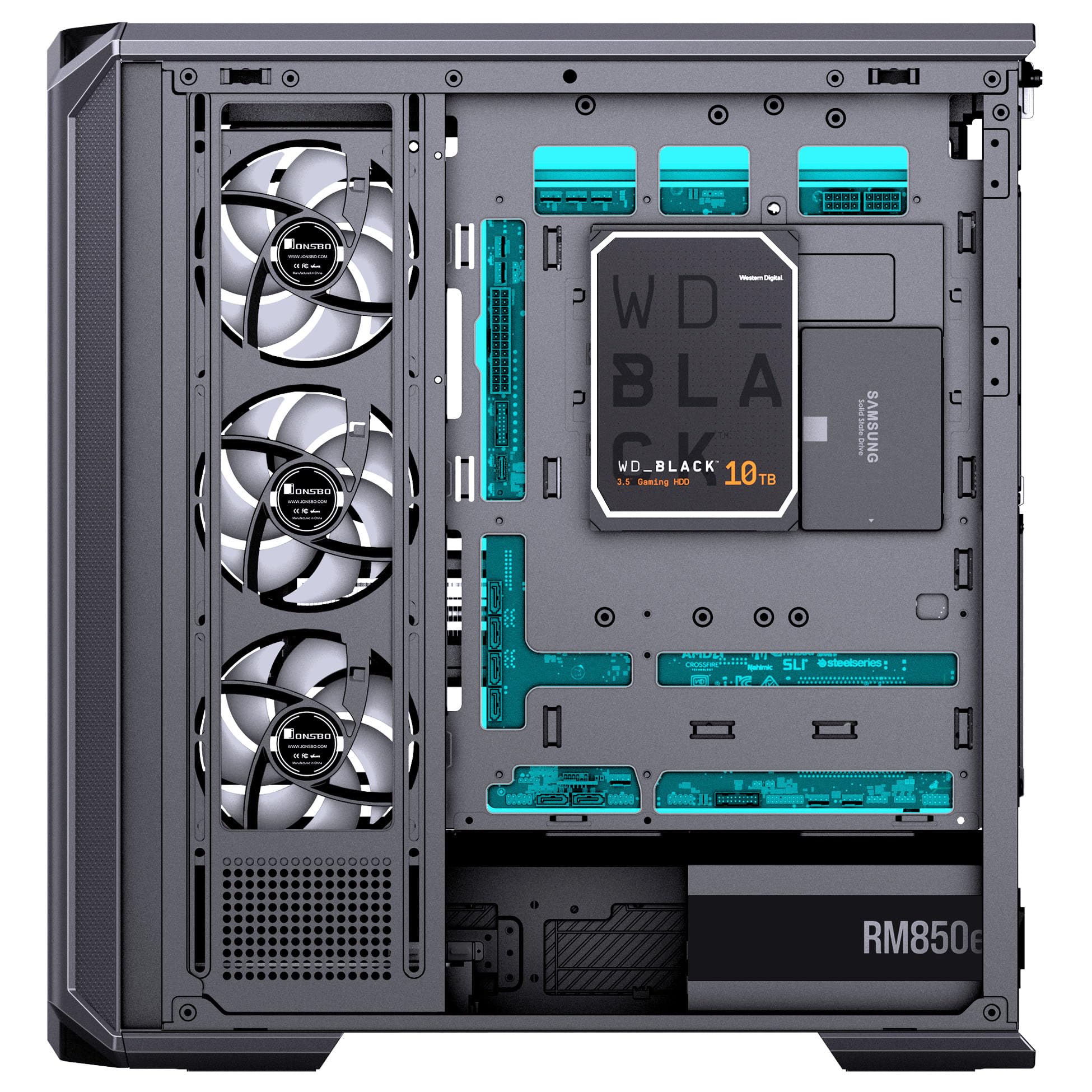 Jonsbo D400 obudowa PC czarna | ATX Midi-Tower z panoramicznym oknem 270°, podwójny grzejnik 360 mm, USB-C
