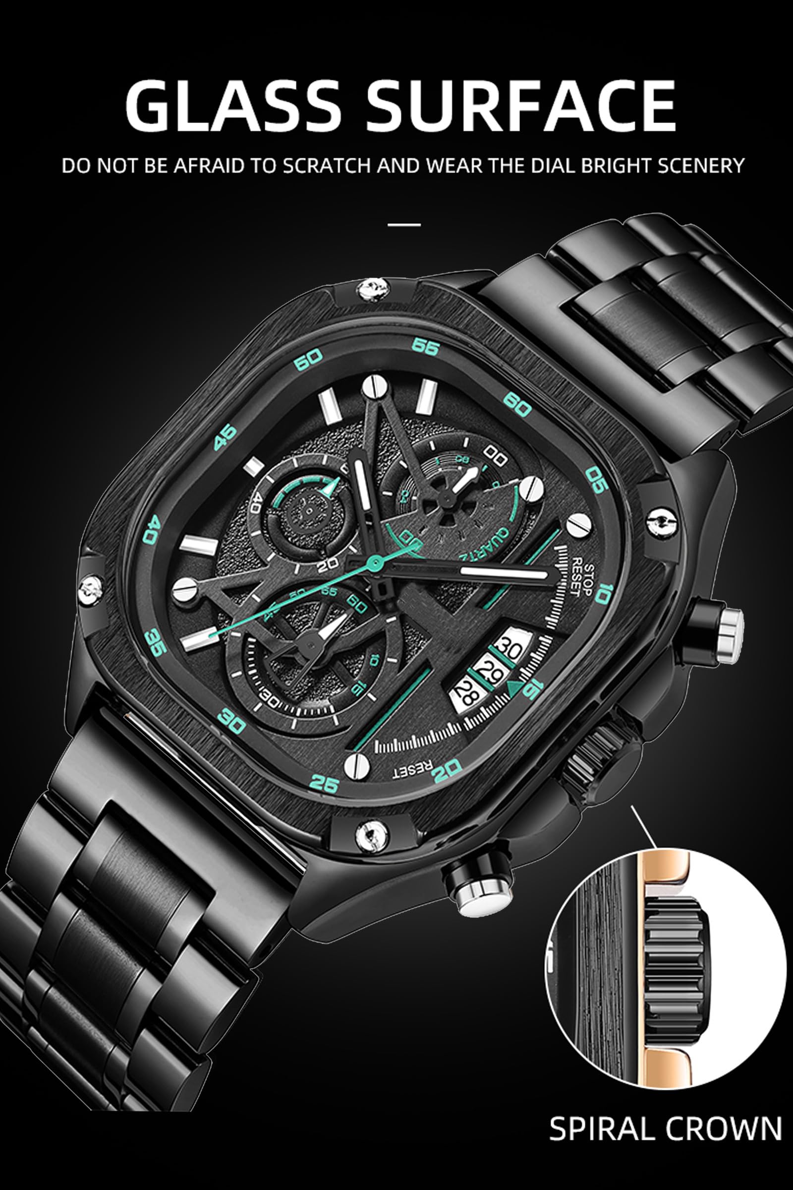 Herrenuhr Quadratische Zifferblatt Cool Design mit Chronograph Leuchtender Zeiger Datum Businessuhr Edelstahlarmband