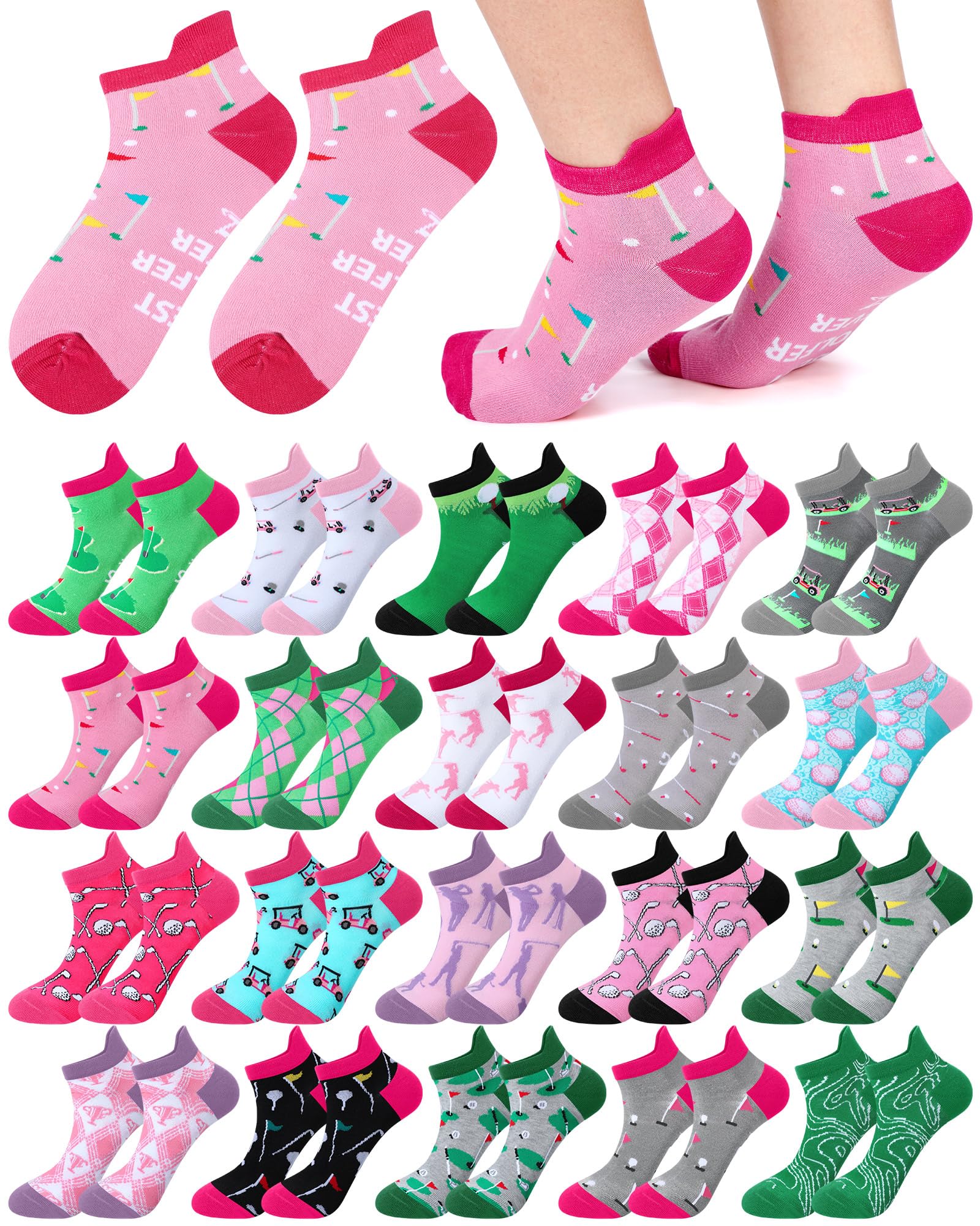 Lot de 40 paires de chaussettes de golf fantaisie pour femme - Cadeau de Noël - Coupe basse - Pour golfeuses, cadeaux d'anniversaire et de vacances, Couleurs vives., taille unique