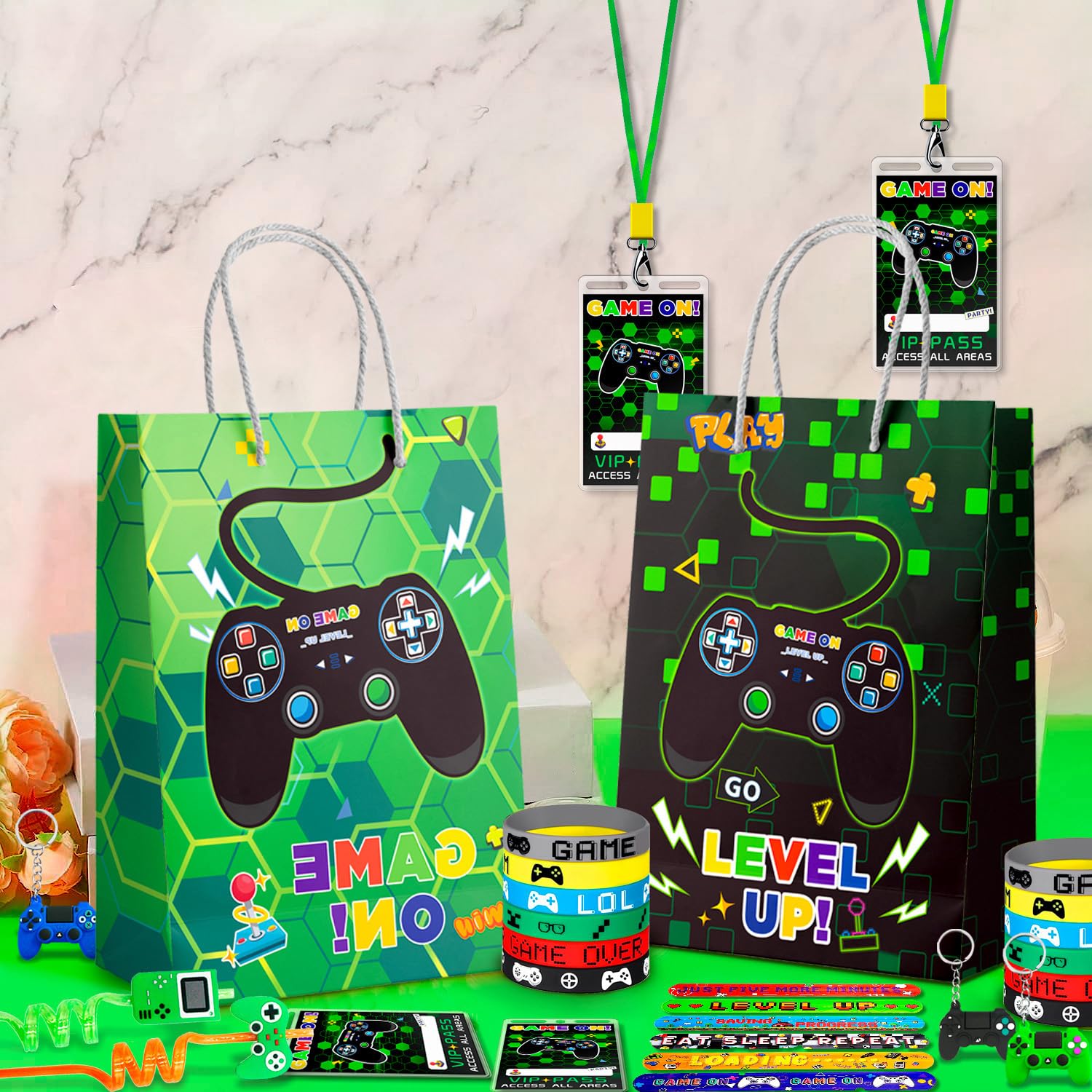 Bomboniere Videogiochi Feste di Compleanno, 110pcs Set di Gaming Festa Bomboniere Includere Sacchetti Regalo per Videogiochi Portachiavi Adesivi Braccialetti etc Regalo a Tema di Gioco per Bambini