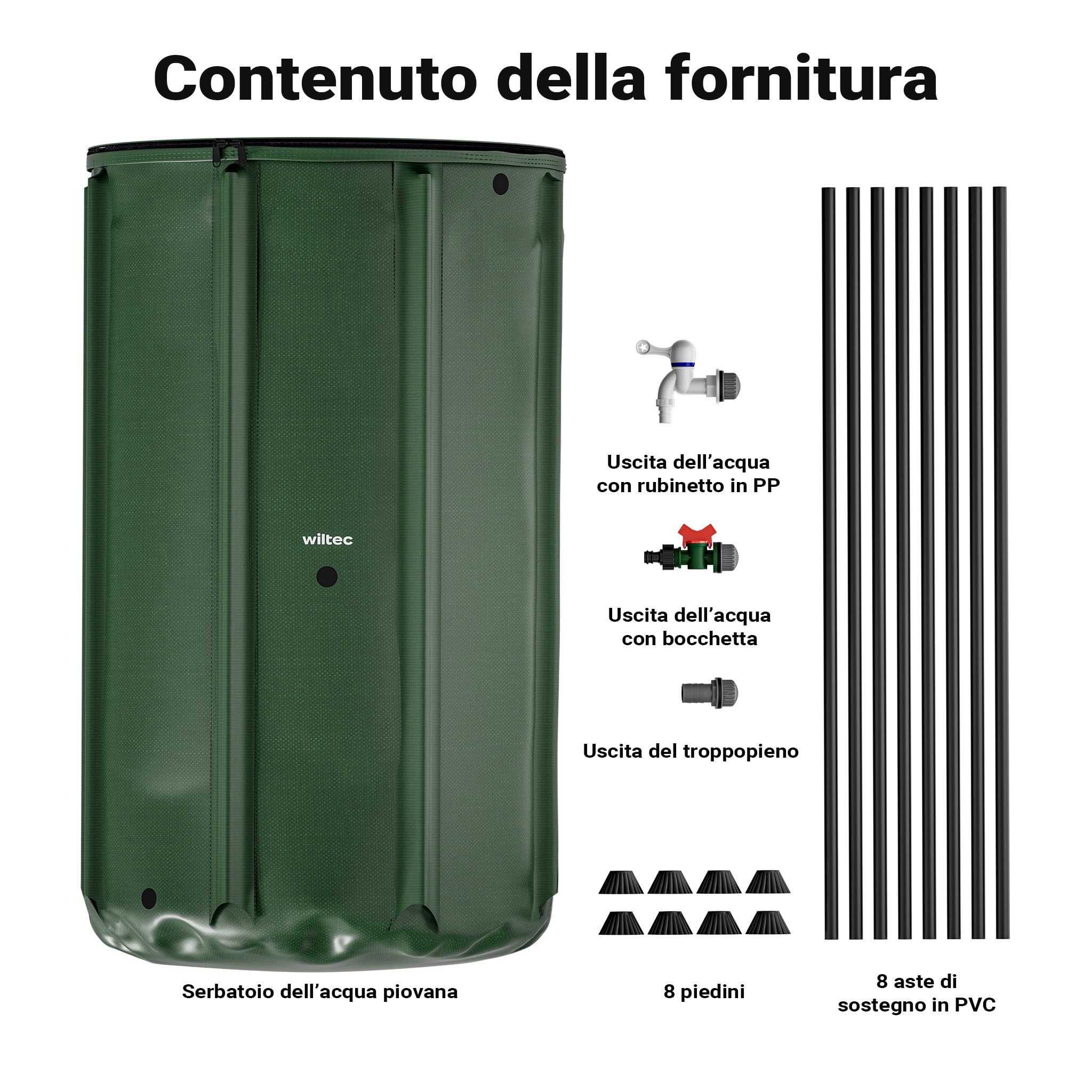 Wiltec Serbatoio acqua piovana pieghevole da 500 l, con coperchio e rubinetto, contenitore raccolta acqua piovana in PVC da 620 g/m² con attacco per tubo
