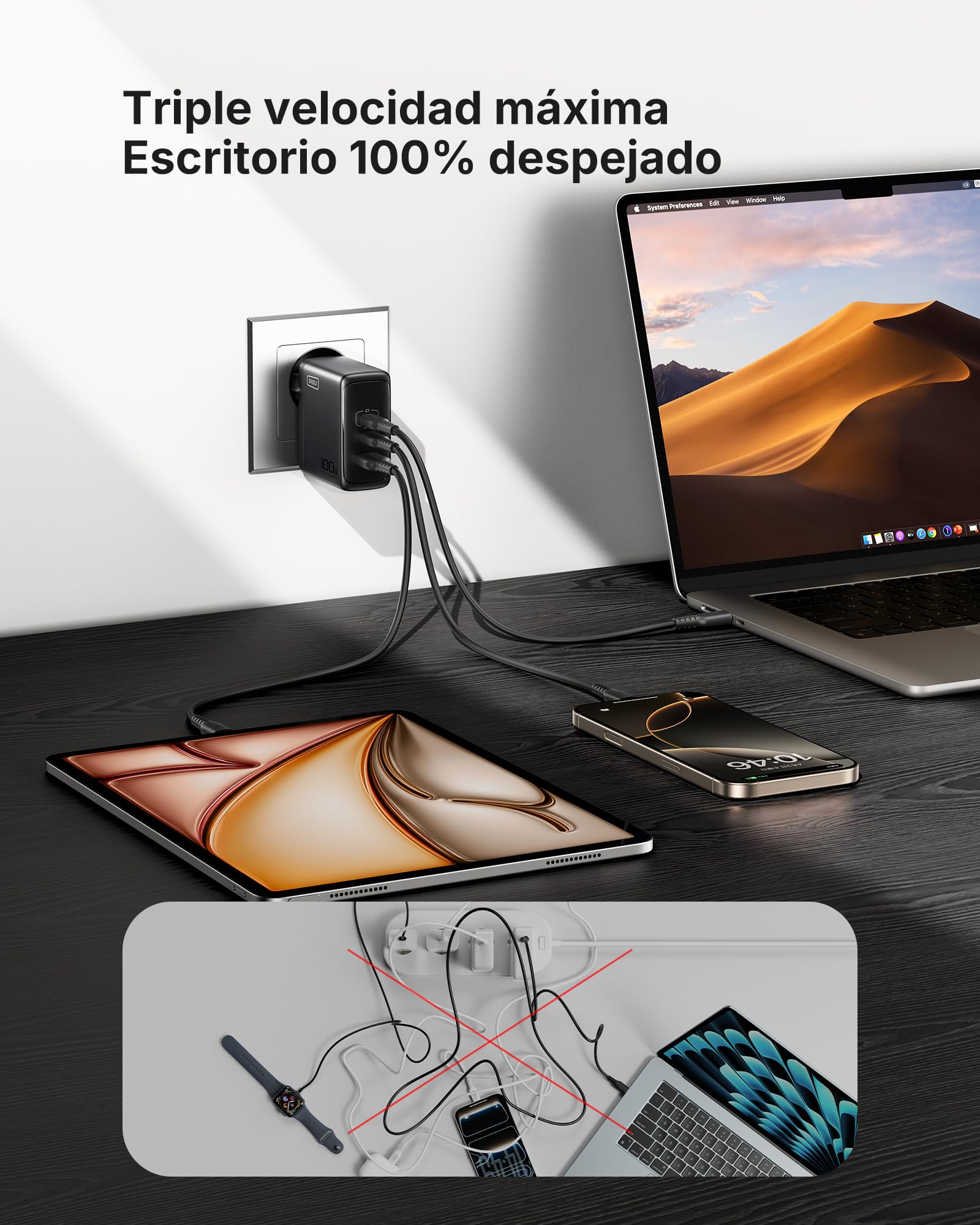 INIU Cargador USB C GaN 100W, 3-Puertos Cargador Rápido Compacto con Cable USB C de 100W 1.5m, Cargador de Viaje para Portátil MacBook Pro Air 14, iPhone 17 16 Pro Max iPad Samsung S26 S25 Ultra Pixel