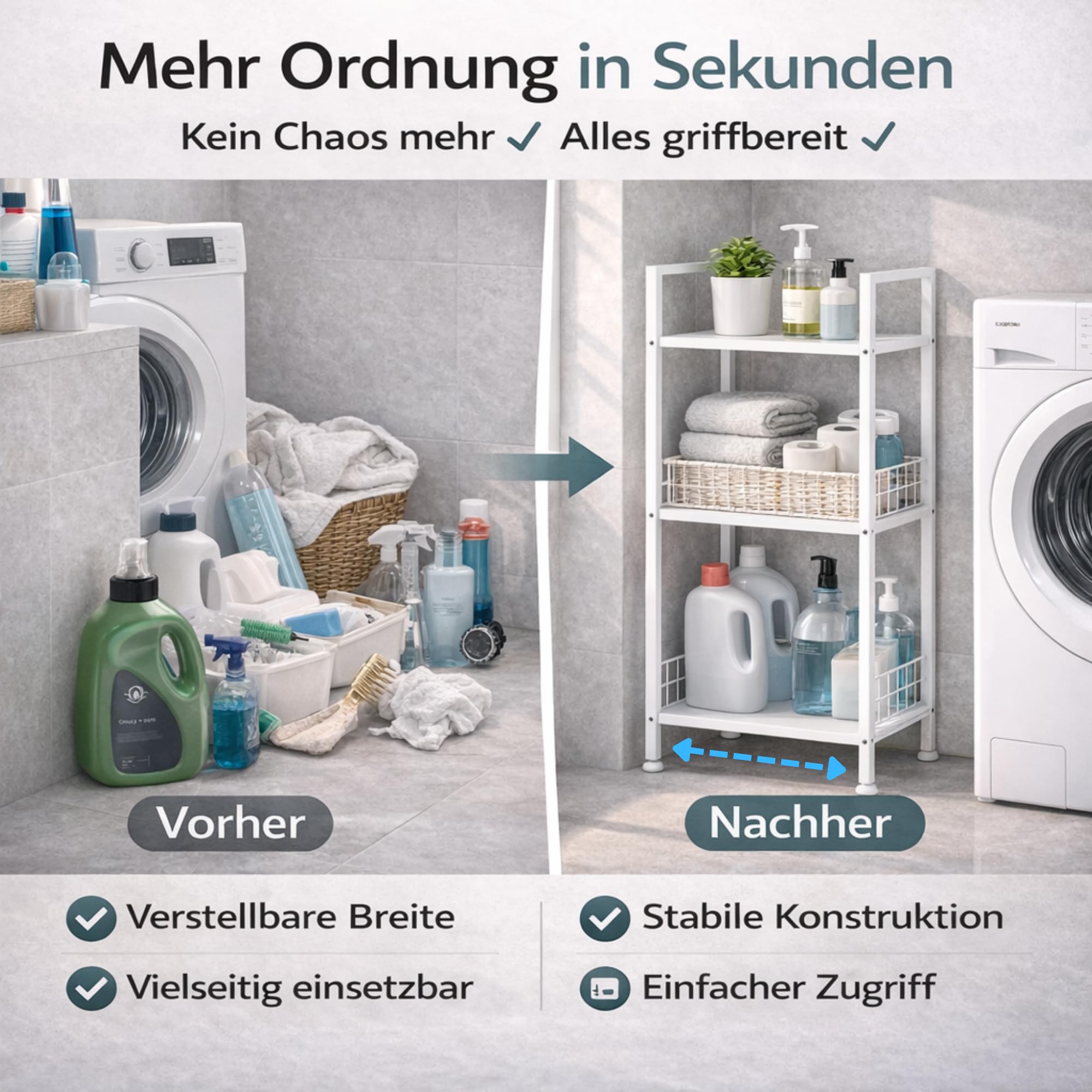 Verstellbares Nischenregal Metall – 21–32,5 cm ausziehbar – Schmales Badregal 3 Ebenen – Freistehend für Bad, Küche, Waschmaschine & Abstellraum – 60 kg belastbar