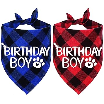 STMK 2 Pack Dog Birthday Bandana, Dog Birthday Boy Bandana Plaid Triangle Scarf for Dog Puppy Birthday