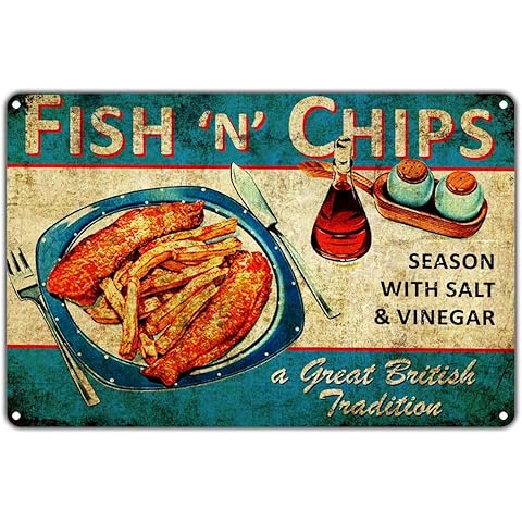 Fish 'N' Chips Season with Salt & Vinegar Restaurant Vintage Retro Metal Wall Decor Art Shop Mart Grocery Man Cave Bar Garage Aluminum 12