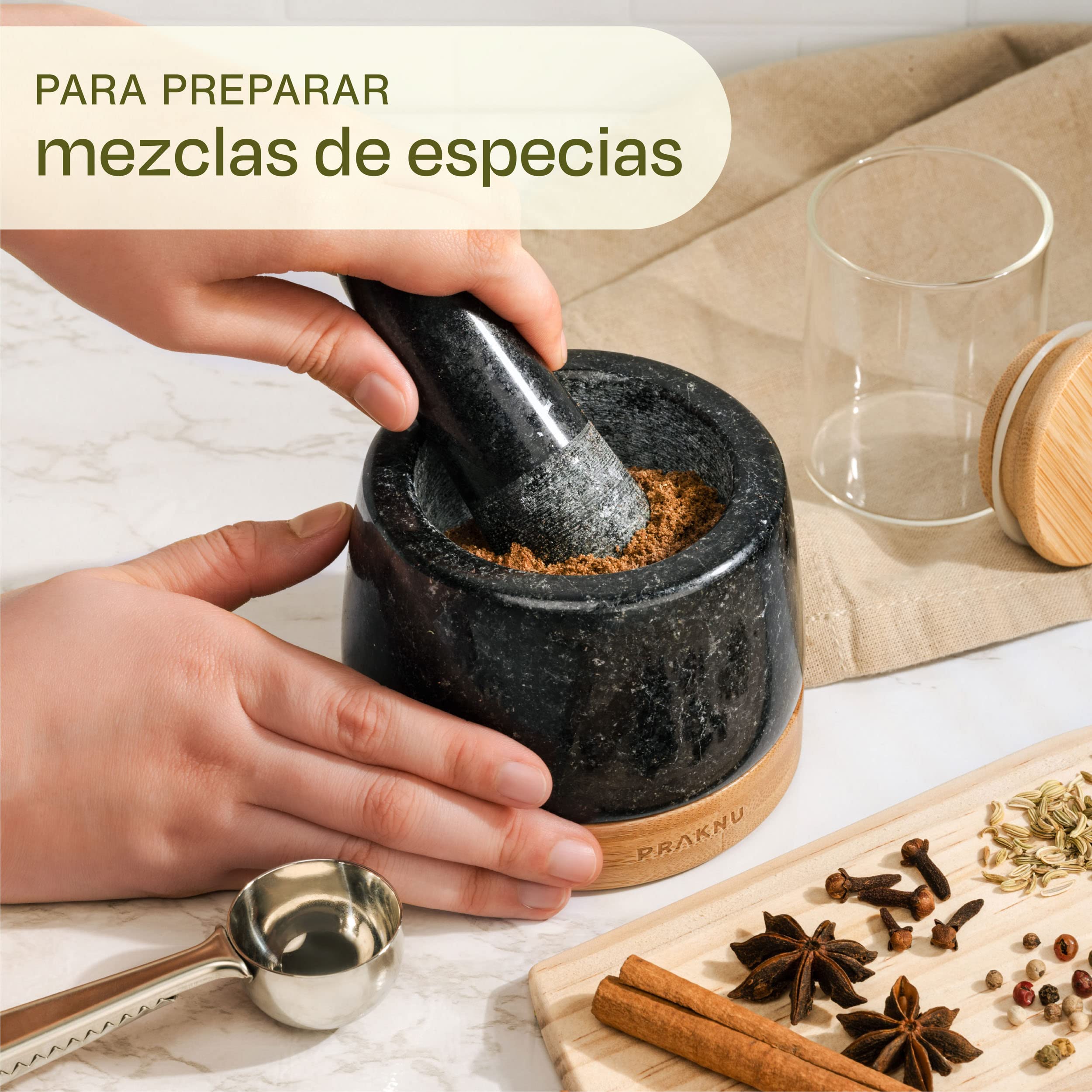 Praknu Mortero y Maja de Cocina pequeño - Granito Robusto y Duradero - Con Protector de Superficies de Madera Sostenible - 120 ml Capacidad