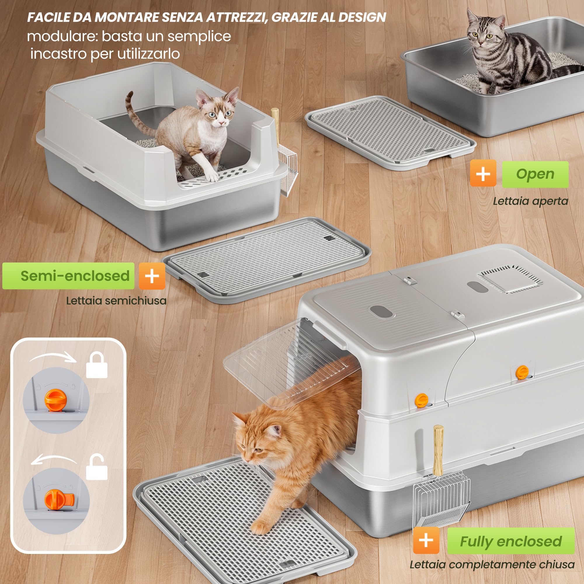 XXL Lettiera Gatto Chiusa in Acciaio Inox – 3-in-1 Lettiera Gatto Chiusa Grande con Coperchio, Modulare, con Filtro a Carbone Attivo, Coperchio Ribaltabile 180°, Pala Metallica & Tappetino