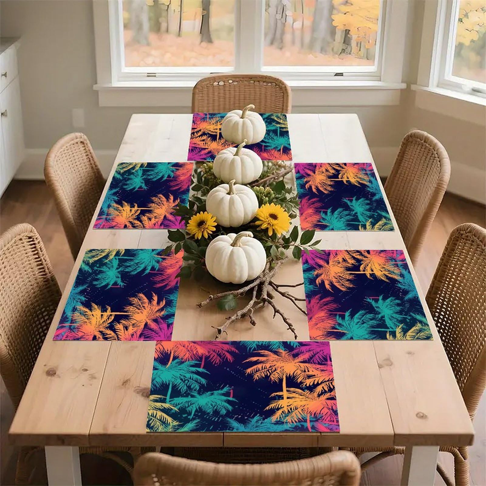 Colorful Palm Trees Placemats Wipeable Heat Resistant Table Mats Washable Flax Place Mats Elegant Cloth Non-Slip Placemat for Kitchen Dinning Party Table Decor 12 * 18 in