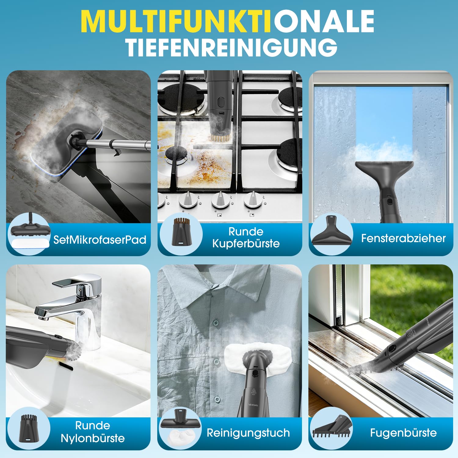 PEXCHO Dampfreiniger, Dampfmopp & Dampfwischer, 1250W Handdampfreiniger 3 Bar, 25s Aufheizzeit 266℉/130°C, 0,85kg für Böden, Fliesen, Teppich, Auto & Bad, Zubehör für Dampfbügelstationen