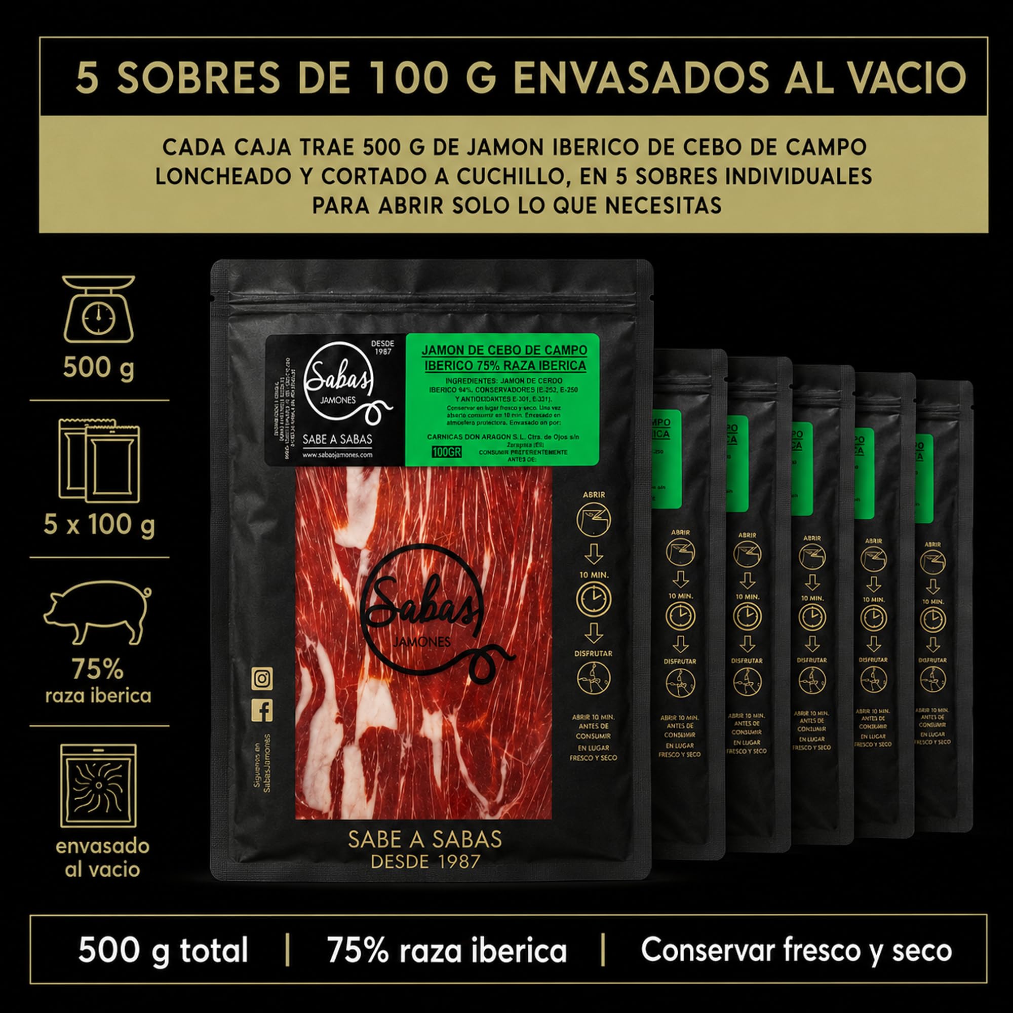 Jamon Iberico Loncheado Cebo de Campo 75% Raza Iberica Cortado a Cuchillo | 5 sobres 100 g envasados al vacio, listos para servir; charcuteria gourmet para tabla, aperitivo, cesta y regalo