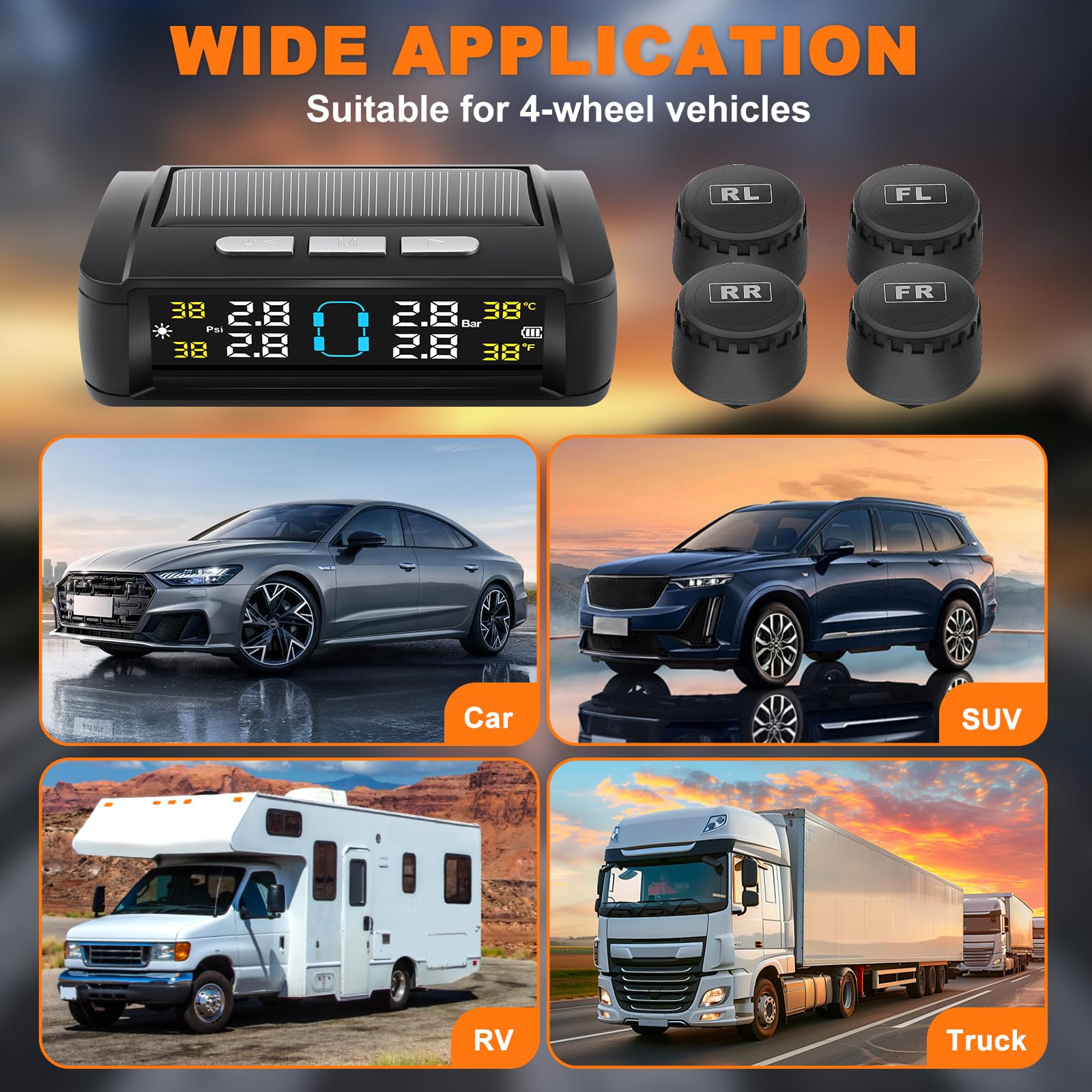 0-6 bar Sistema di Monitoraggio della Pressione dei Pneumatici TPMS con 4 Gomme Sensore Esterni degli Pneumatici 5 Modalità di Allarme, Universale ad Energia Solare per Auto SUV Caravan