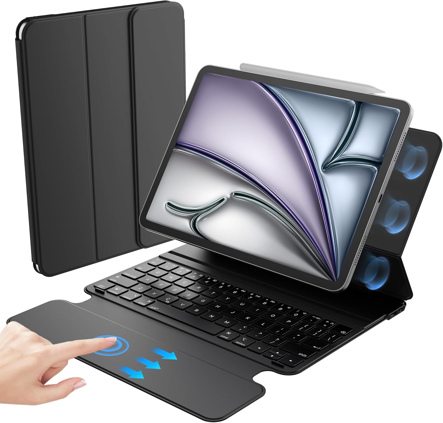 HOU Keyboard Case for iPad Air 11" M2/M3, 5th/4th Gen & Pro 11" (2018–2022, 1st–4th), Ultra Slim Smart Folio with Full-Surface Touchpad, Stylus Holder, and Lens Protection – Ideal for Work & Travel