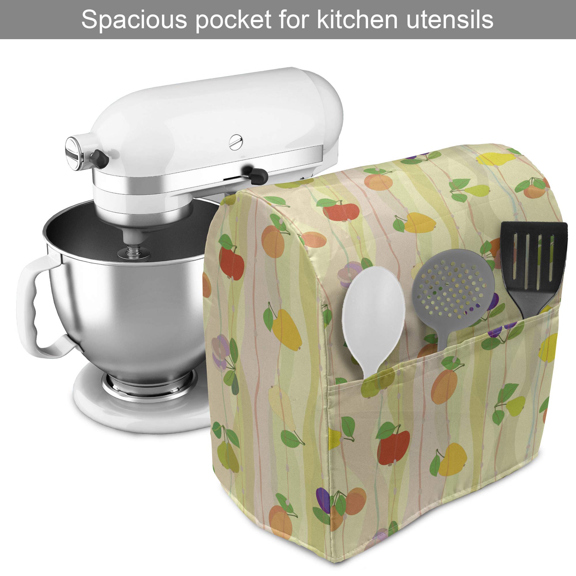 Ambesonne Fruit Stand Mixer Cover, Apple Plum Pear Apricot Peach Pattern on Abstract Geometric Waves Background Print, Kitchen Appliance Organizer Bag Cover with a Pocket, 6-8 Quarts, Multicolor