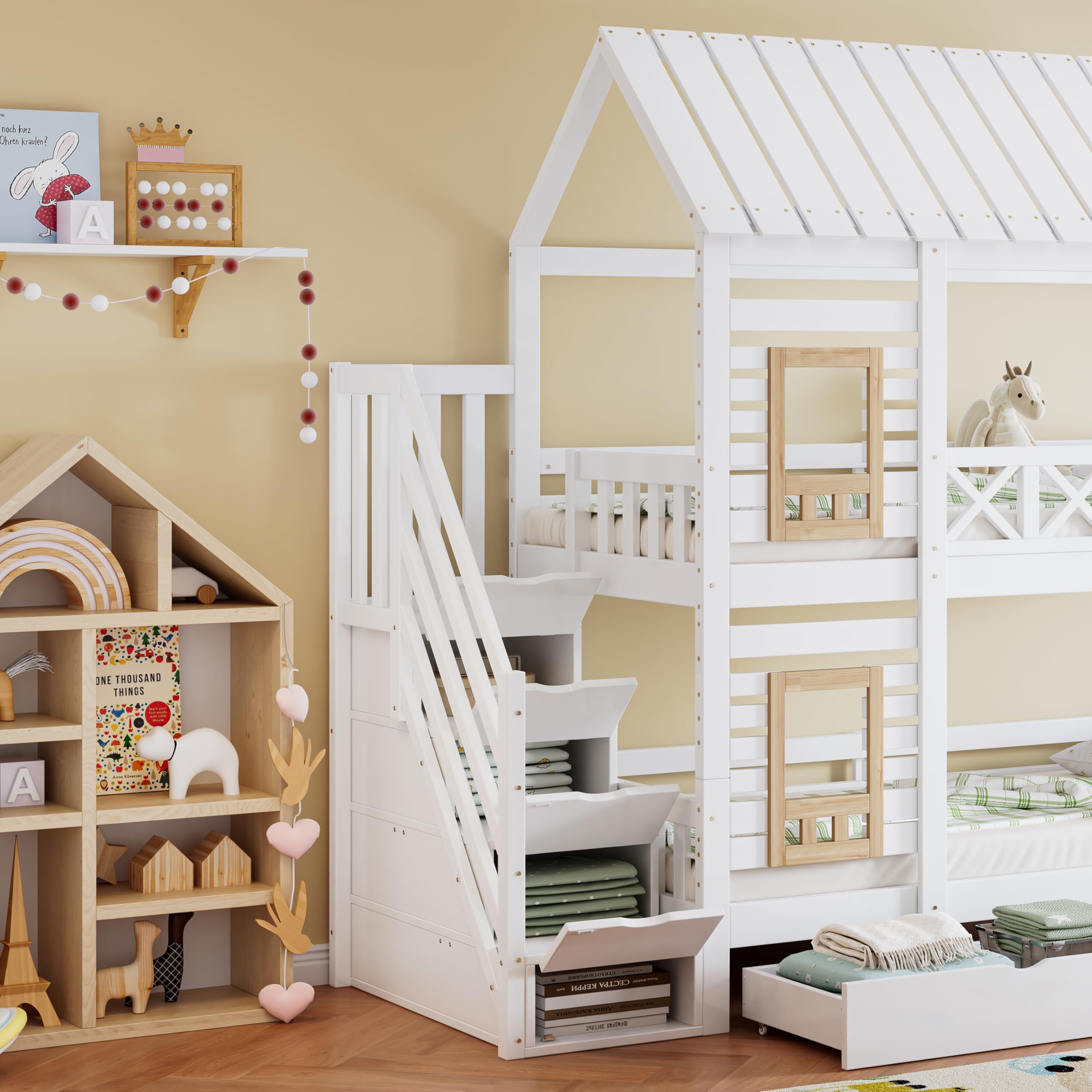 Wiuzo Lettino a castello, letto per bambini, con griglia di protezione anticaduta, due cassetti con ruote, scale con 4 ripiani, con finestra, pino+MDF, bianco e naturale, 90 x 200 cm