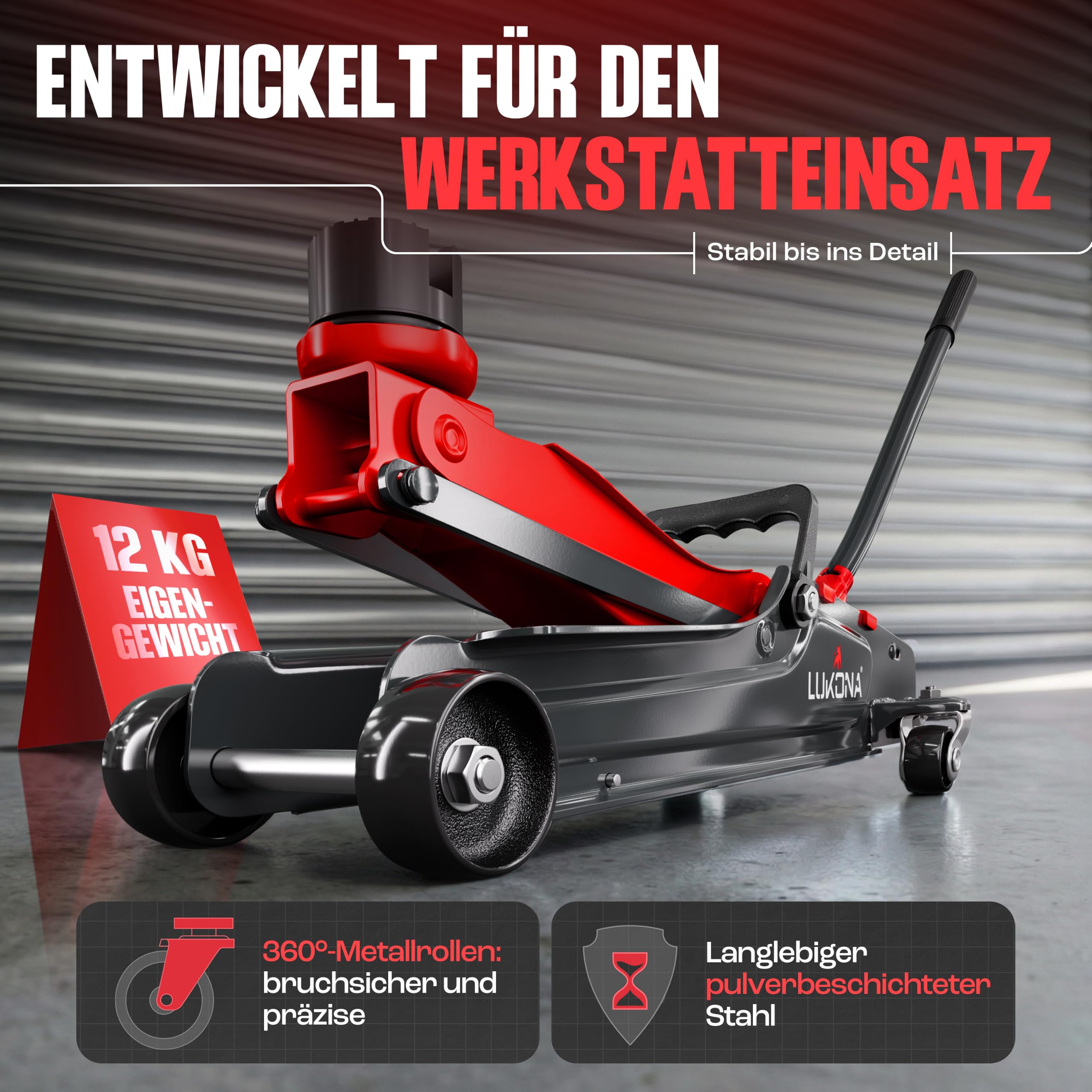 Hydraulischer Wagenheber 2,5T (85–385 mm) – Extra Tragegriff & Handschuhe – Rangierwagenheber für PKW, Auto (Rot)