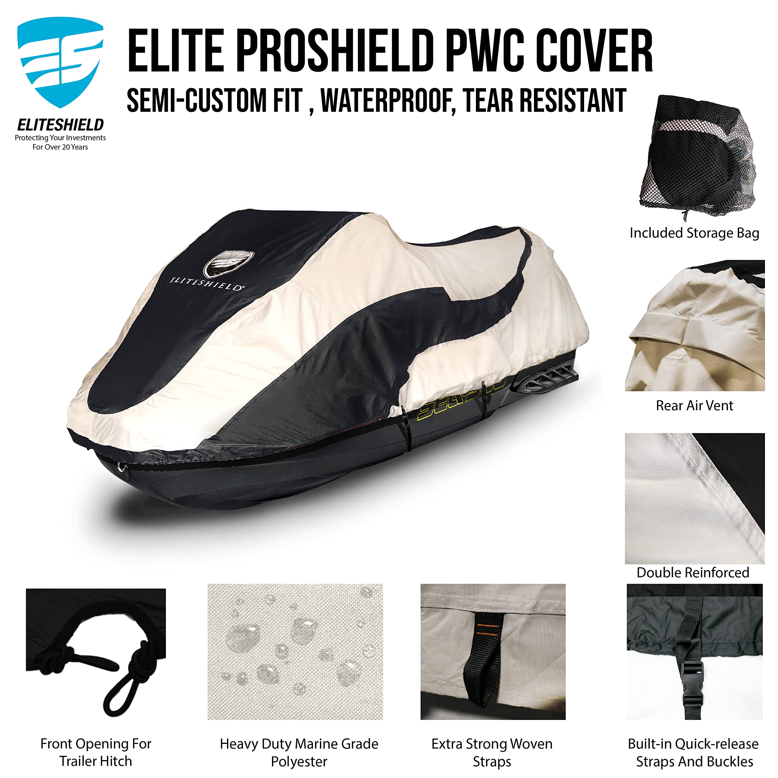 EliteShield Trailerable Jet Ski Cover, Heavy Duty Waterproof Marine Grade 600D Solution-Dyed Polyester PWC Cover, Fits from 126