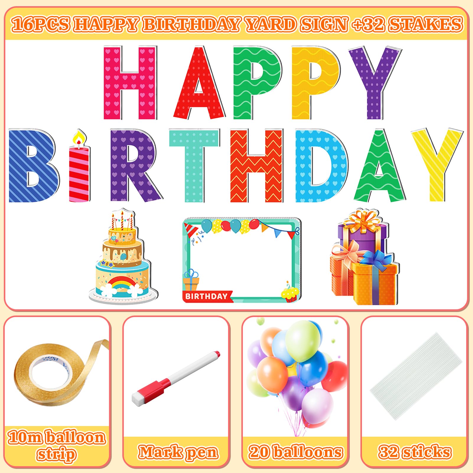 Remiawy Happy Birthday Yard Sign with Stakes - 16pcs Happy Birthday Yard Sign, Personalized Yard Birthday Signs Colorful Weatherproof Birthday Lawn Sign for Outdoor Yard Decorations Garden Party