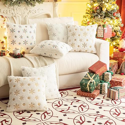 Miniatura 6 de AQOTHES Fundas de almohada decorativas peludas de piel sintética, felpa con lentejuelas de copo de nieve, almohadas con purpurina para decoración de