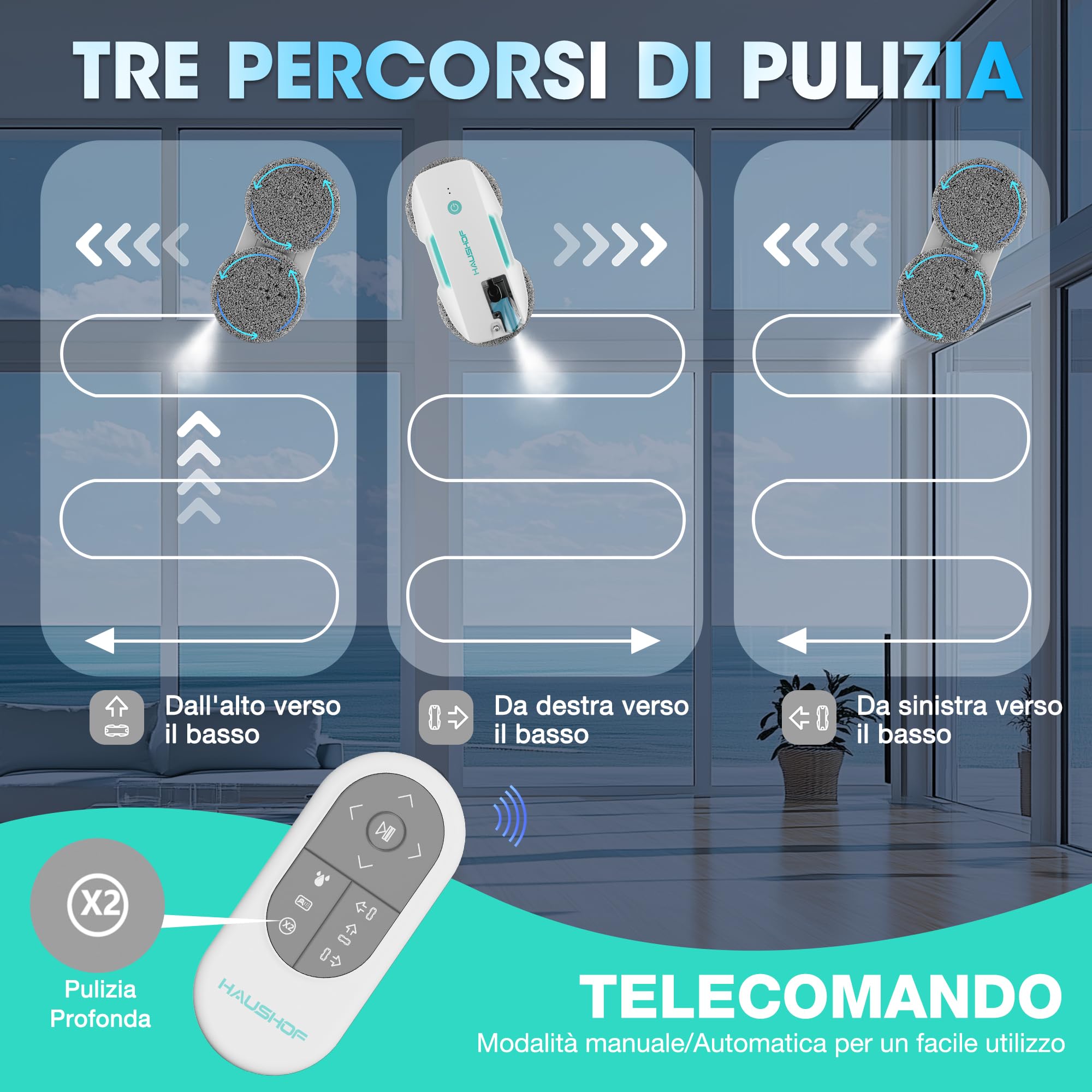 HAUSHOF Robot lavavetri 3800Pa telecomandato, Robot per pulire finestre spruzzo d'acqua automatico, pianificazione del percorso AI e rilevamento dei bordi di grattacieli, porte di vetro