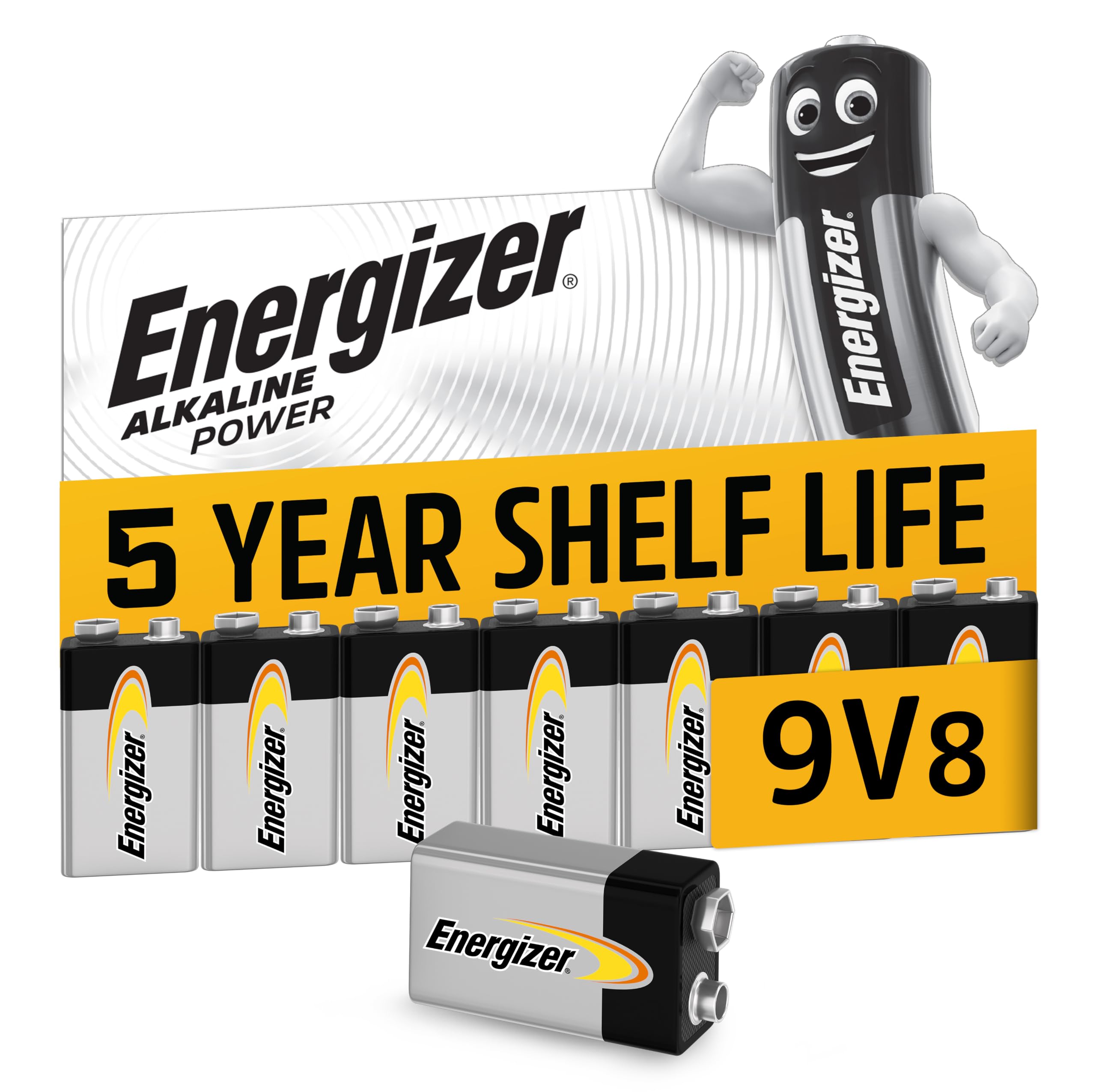 Energizer Alkaline Power - 9V Battery (8 Pack) - Nine Volt Block Batteries