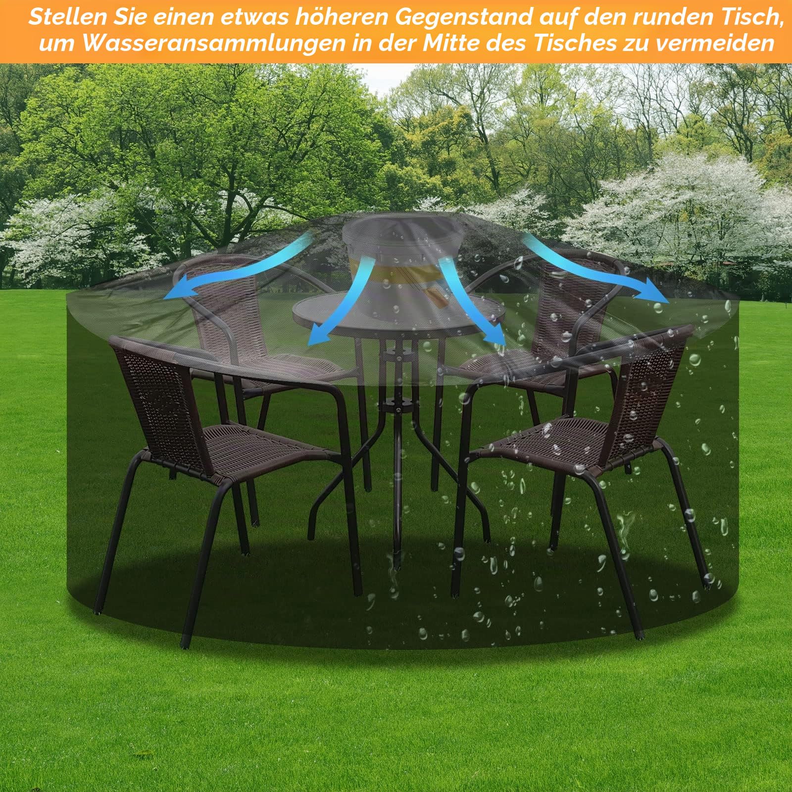 RICHIE Gartenmöbel-Abdeckung, wasserdicht, strapazierfähig, aktualisiertes 420D-Oxford-Gewebe, 300x90cm, runde Tischabdeckungen, Rattan-Möbelabdeckungen für Möbelsets, Schwarz