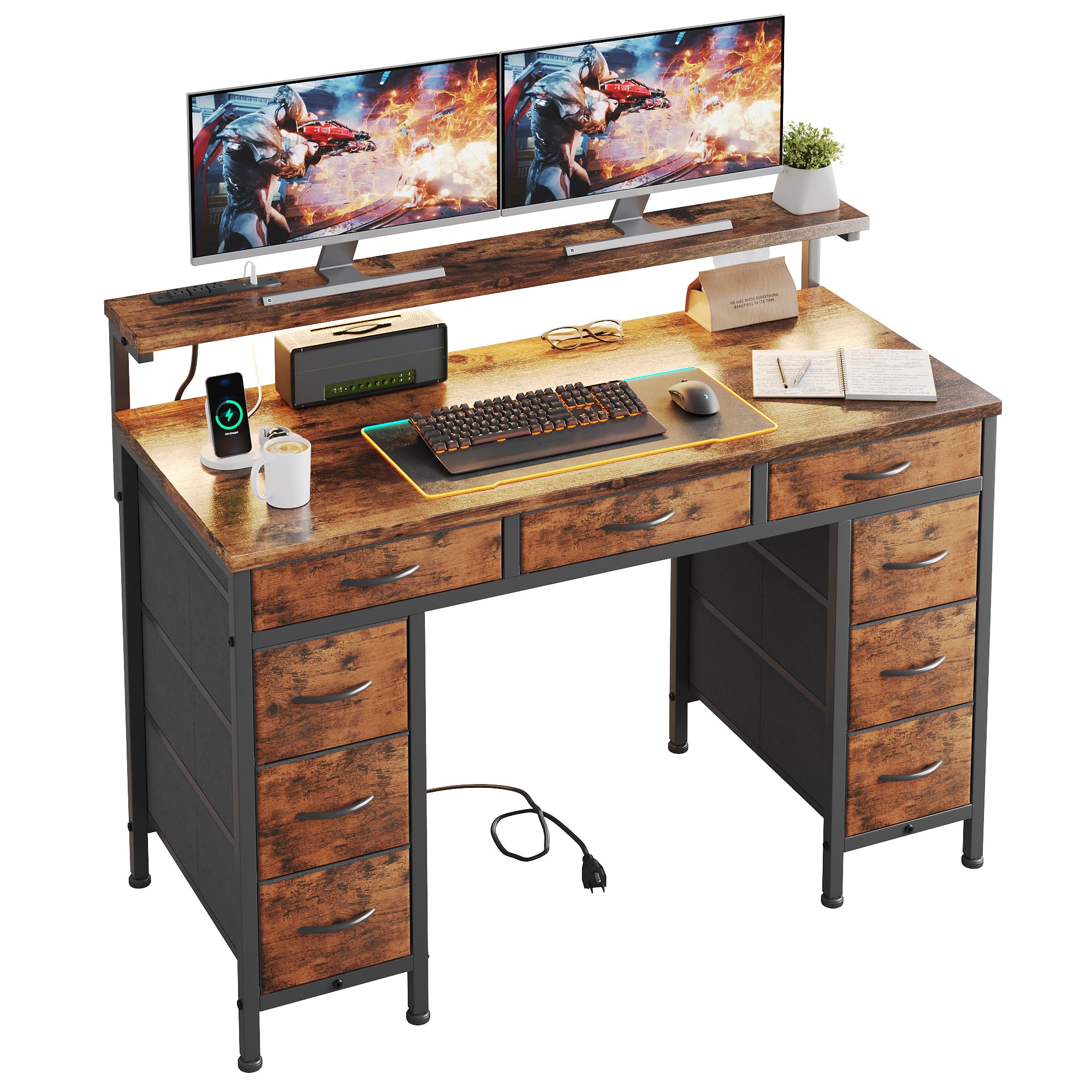 Flrrtenv Computer Desk with 9 Drawers & LED, 120cm Home Office Desk with Storage & Power Outlets USB Type-C, Small Study Table with Monitor Stand for Bedroom，Brown