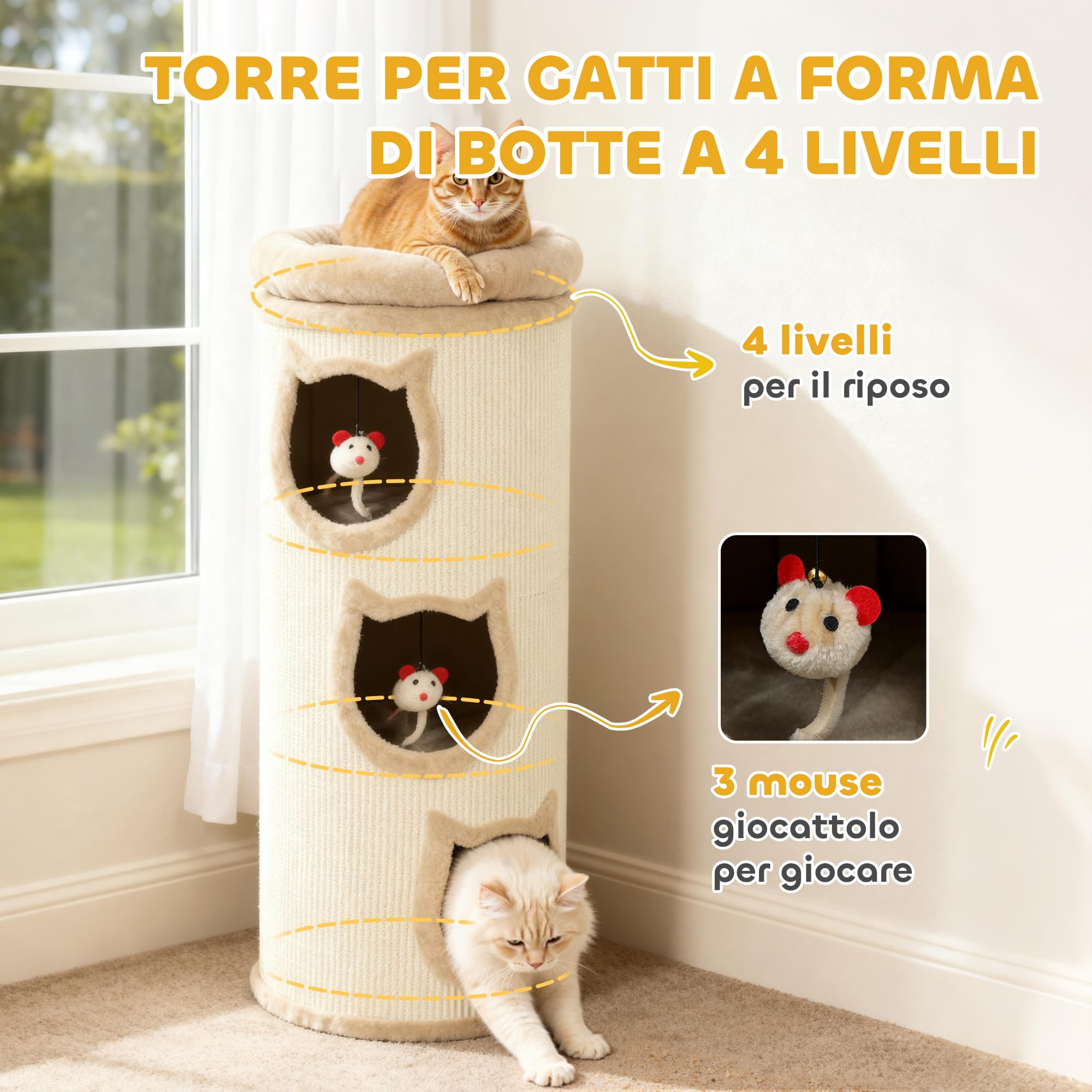 PawHut Torre Tiragraffi per Gatti Alta 96 cm Albero per Gatti Bianco Crema | 3 Casette, Lettino Superiore Rimovibile e Lavabile, Palline Appese