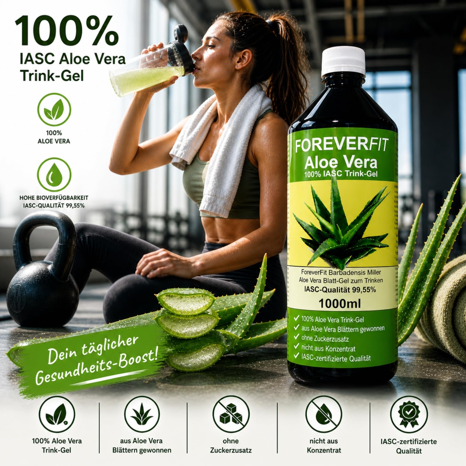 Aloe Vera Trinkgel 6 x 1000ml Barbadensis Miller Blattgel unverdünnt KEIN Saft KEIN Konzentrat OHNE künstliche Vitamine. Acemannan bis 1200mg/Liter. 30242