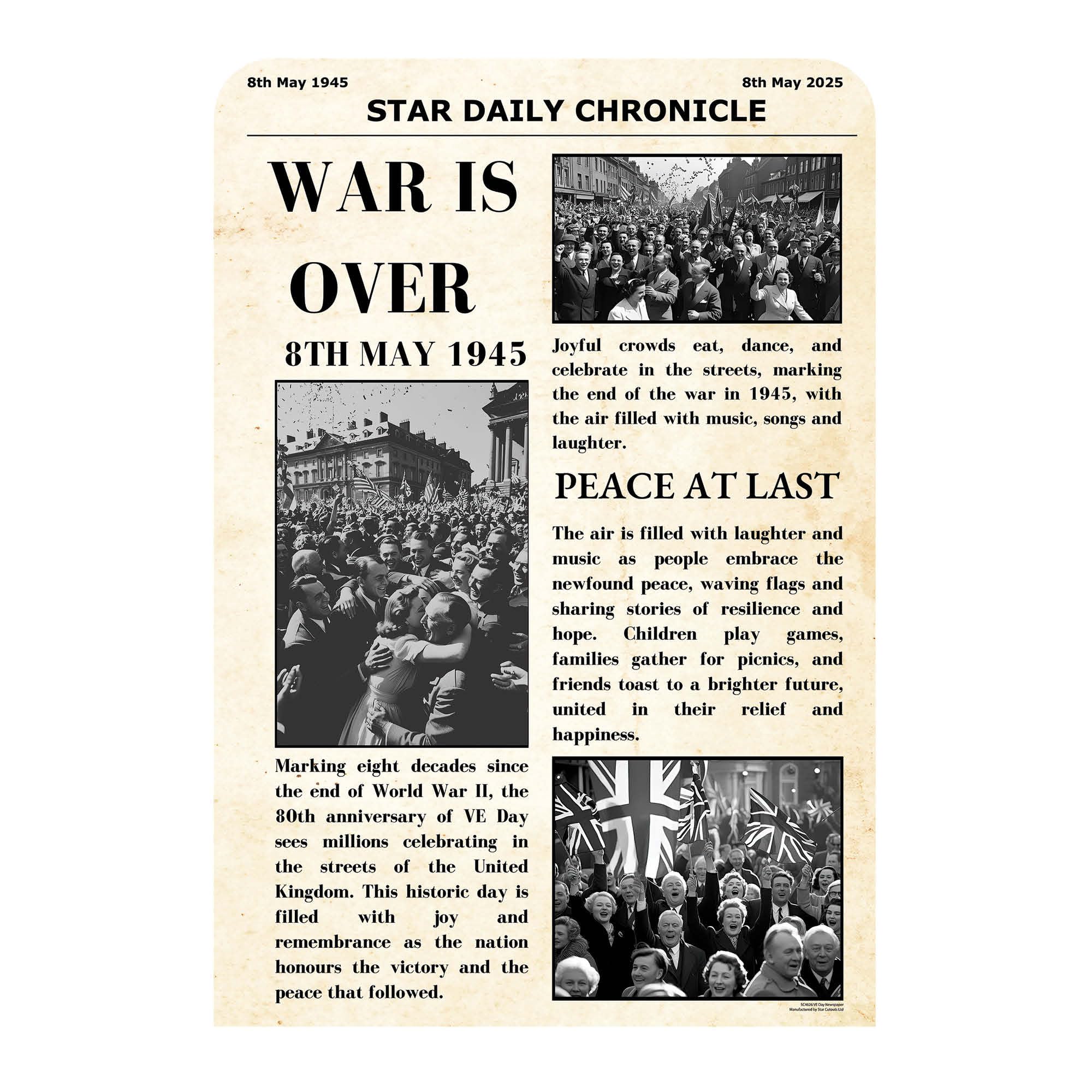 Star Cutouts SC4626 War Is Over Newspaper Small Vintage Backdrop Sailboard Cardboard Cut Out Height 134cm - Ideal for British Theme, Parties, Schools, Celebrations & VE Day Decorations & Events