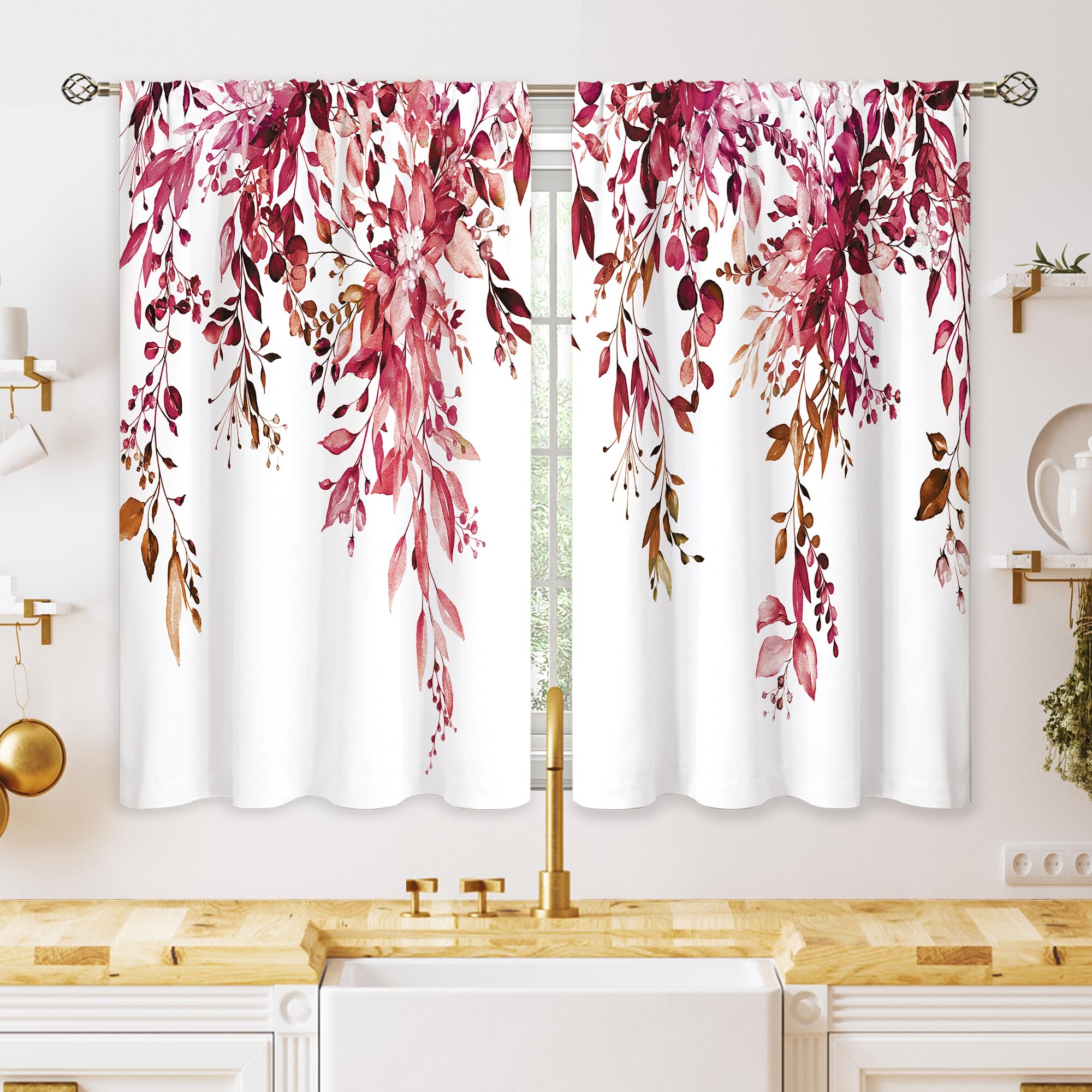 oolygoo Burgundy Eucalyptus Small Kitchen Curtains Watercolor Red Leaves Window Treatment Flower Floral Plant Botanical Cafe Short Curtains for Bathroom Dining Fall Tier Treatment Drapes 26x36 inch — image 1