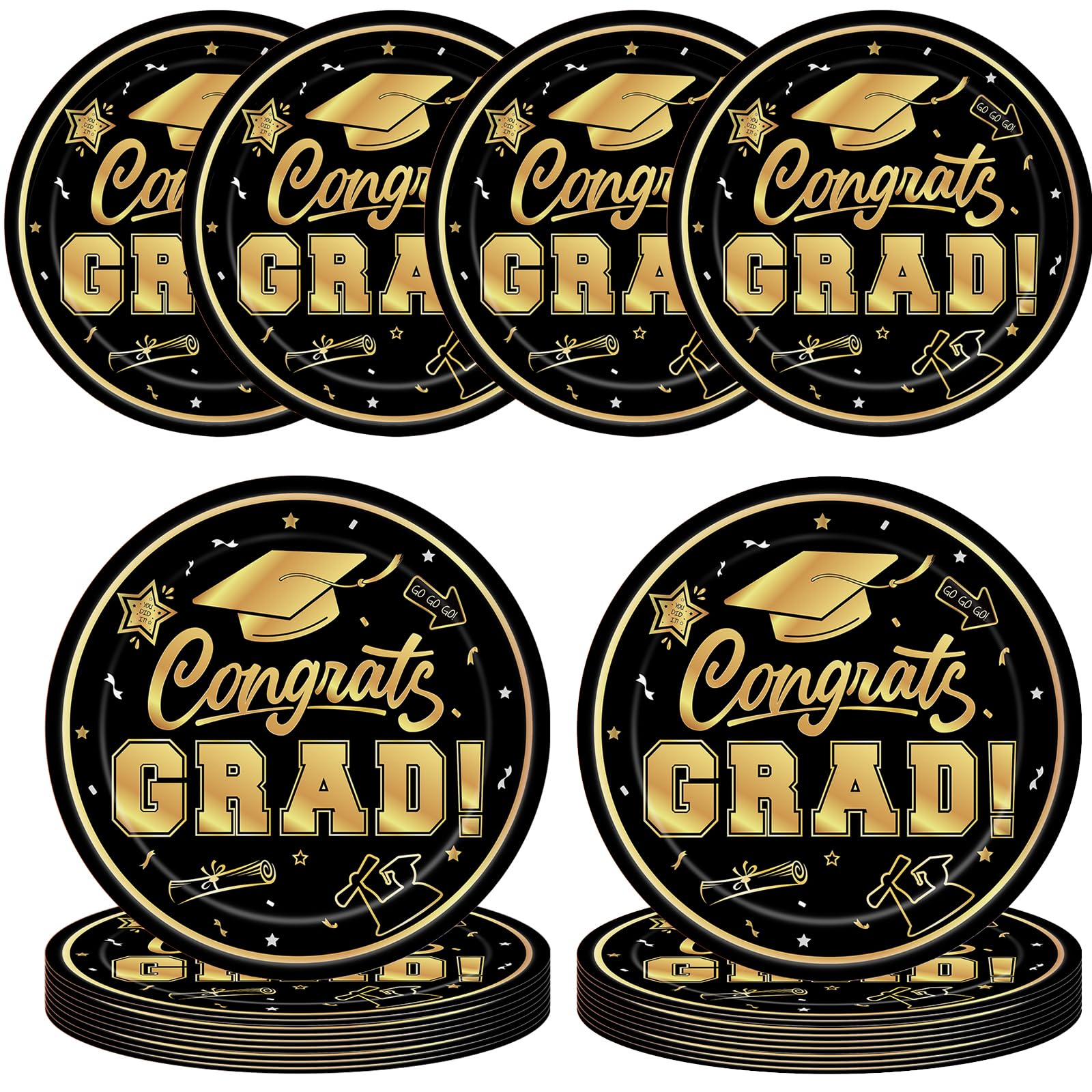 yinupet 48 Pcs Graduation Party Plates 2025 Graduation Party Dinnerware Disposable Paper Plates for Congrats Grad Class of 2025 Party Decorations (Black gold)