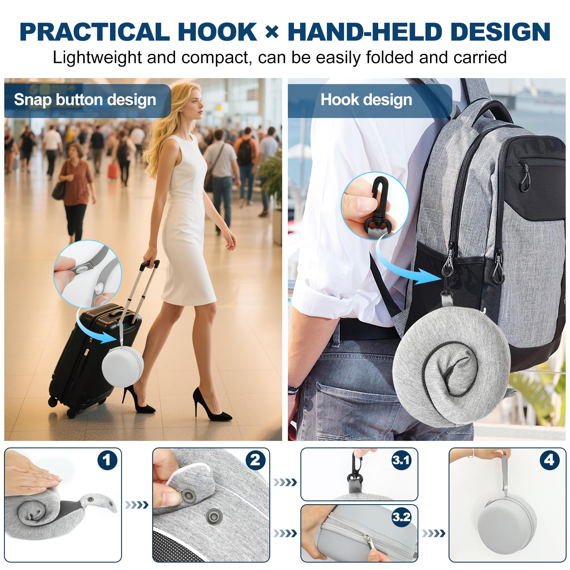 Chumix Cuscino Aereo Viaggio, Pieghevole Regolabile Cuscino da Viaggio Memory Foam con Mascherina per Dormire 3D e Contenitore in EVA, Travel Pillow con Gancio Adatto per Aerei (Grigio chiaro)