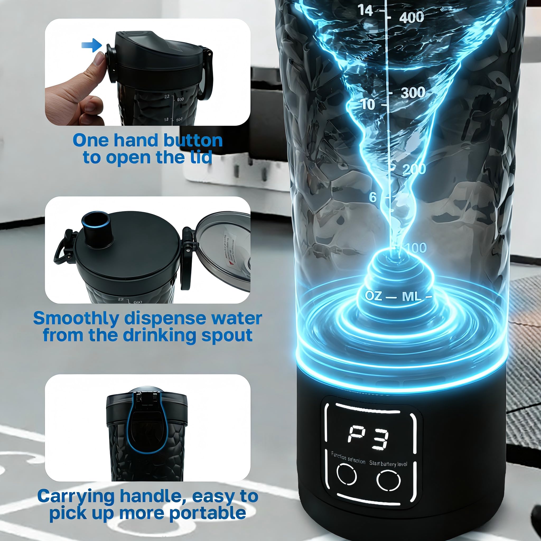 Bottiglia shaker elettrica per proteine, 700 ml, ricaricabile tramite USB, portatile, frullatore, 15 secondi, senza grumi, a tenuta stagna e silenziosa, per palestra/viaggi (nero)