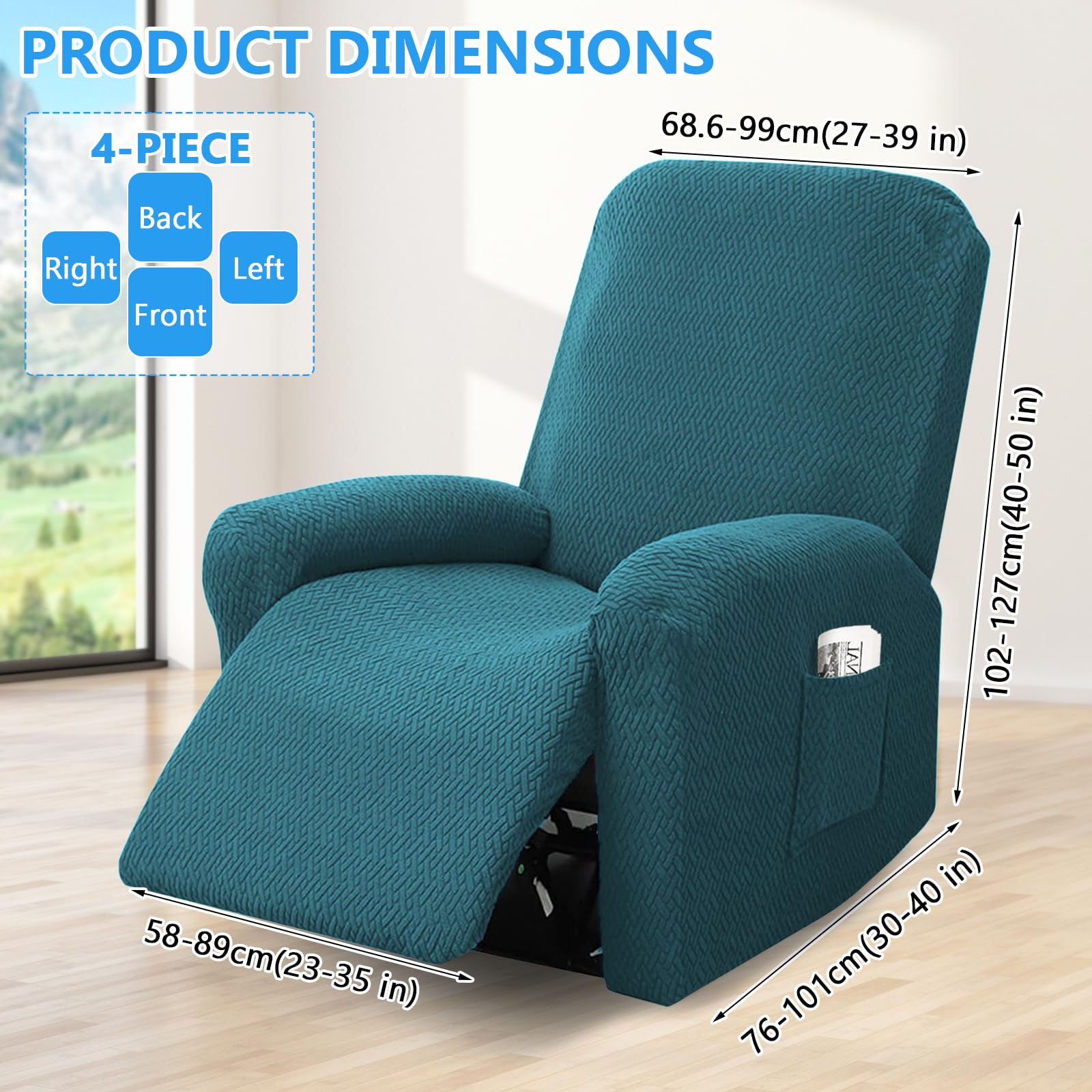Funda Sillon Relax Reclinable, 4 Piezas Funda Butaca, Funda Sofa 1 Plaza, con Protectores para Reposabrazos y Bolsillo (Verde Oscuro)