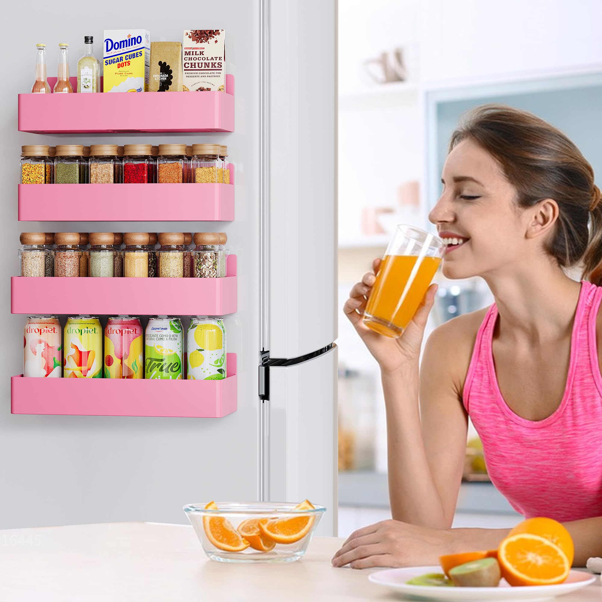 Mystozer Magnetisches Gewürzregal für Kühlschrank, Küchen-Organizer und Aufbewahrungsregal, Rosa (4 Stück)