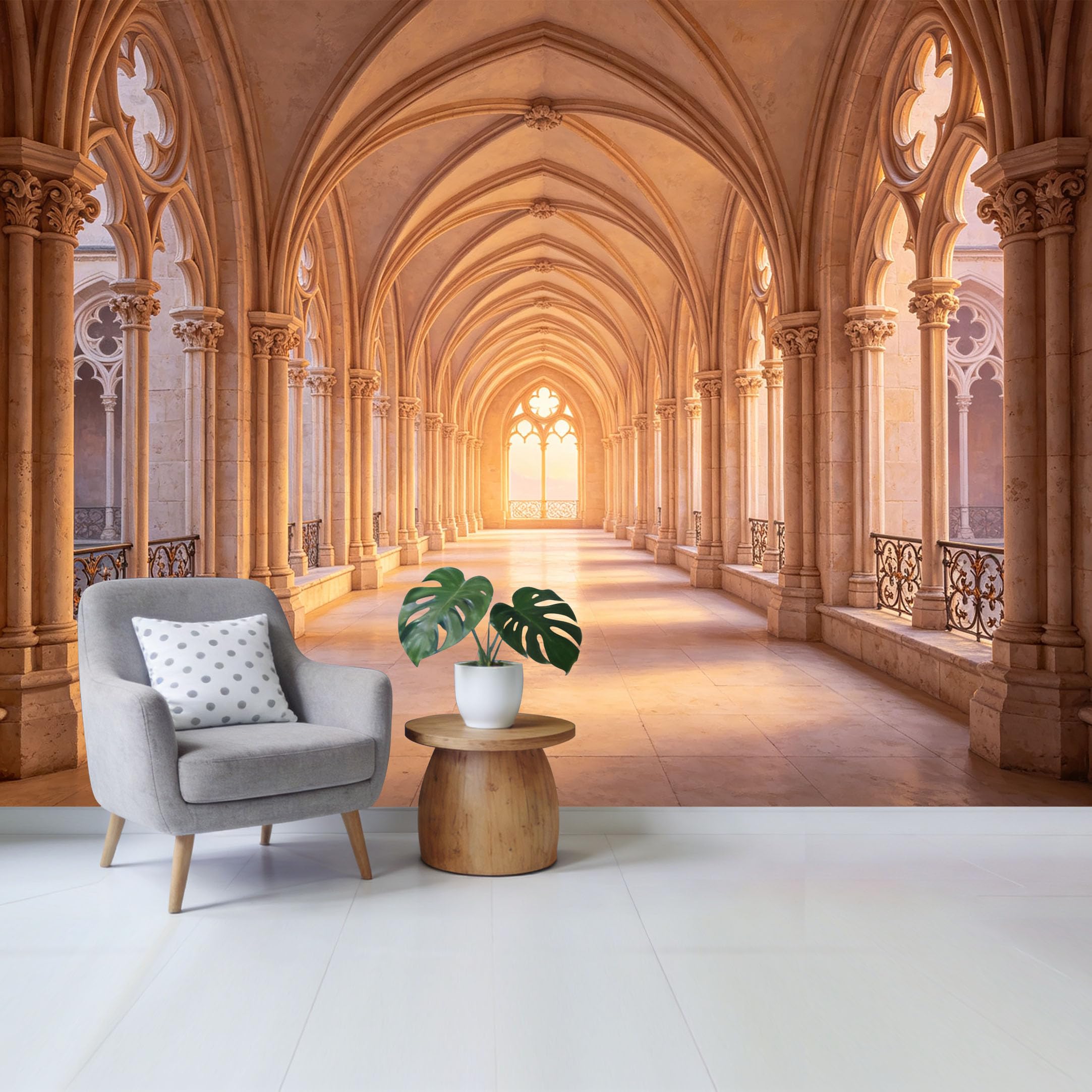 Removable Self Adhesive Fabric Mural， Neoclassical Gothic Archway Custom Size Wall Covering， UV Protected Waterproof Washable Wall Decor for Living Room Bedroom Bathroom
