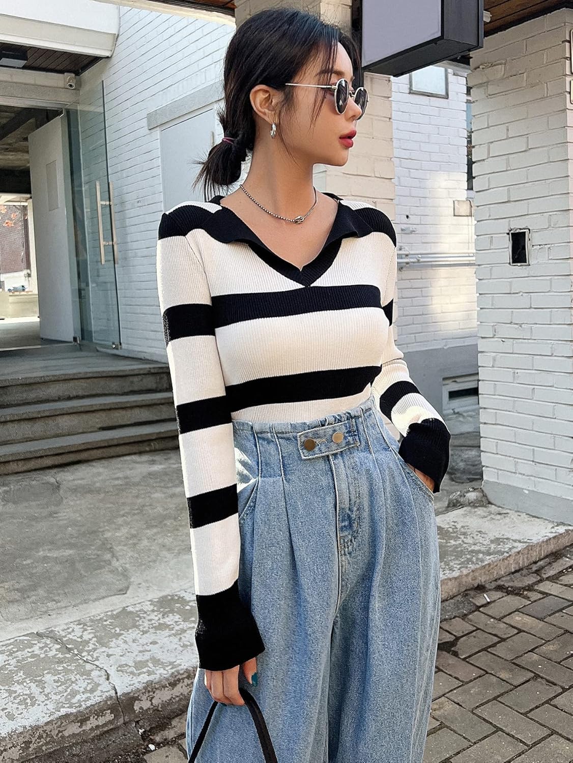 BEDAW Women's Sweater Striped Pattern Ribbed Knit Sweater Sweater for Women (Color : White, Size : X-Large)
