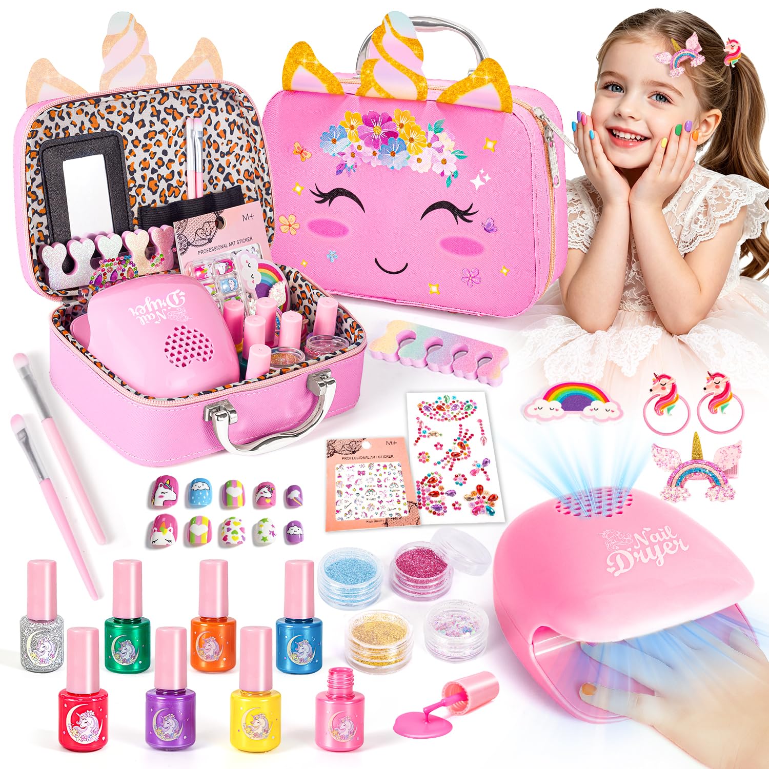 Hohosunlar Kids Nail Polish Sets, Water-Based Nail Art Kit for Girls Toys With Nail Dryer, Nail Stickers, Peel-Off Children Nail Varnish Kit, Safe Pretend Play Toys Birthday Gift for Girls Age 3-12