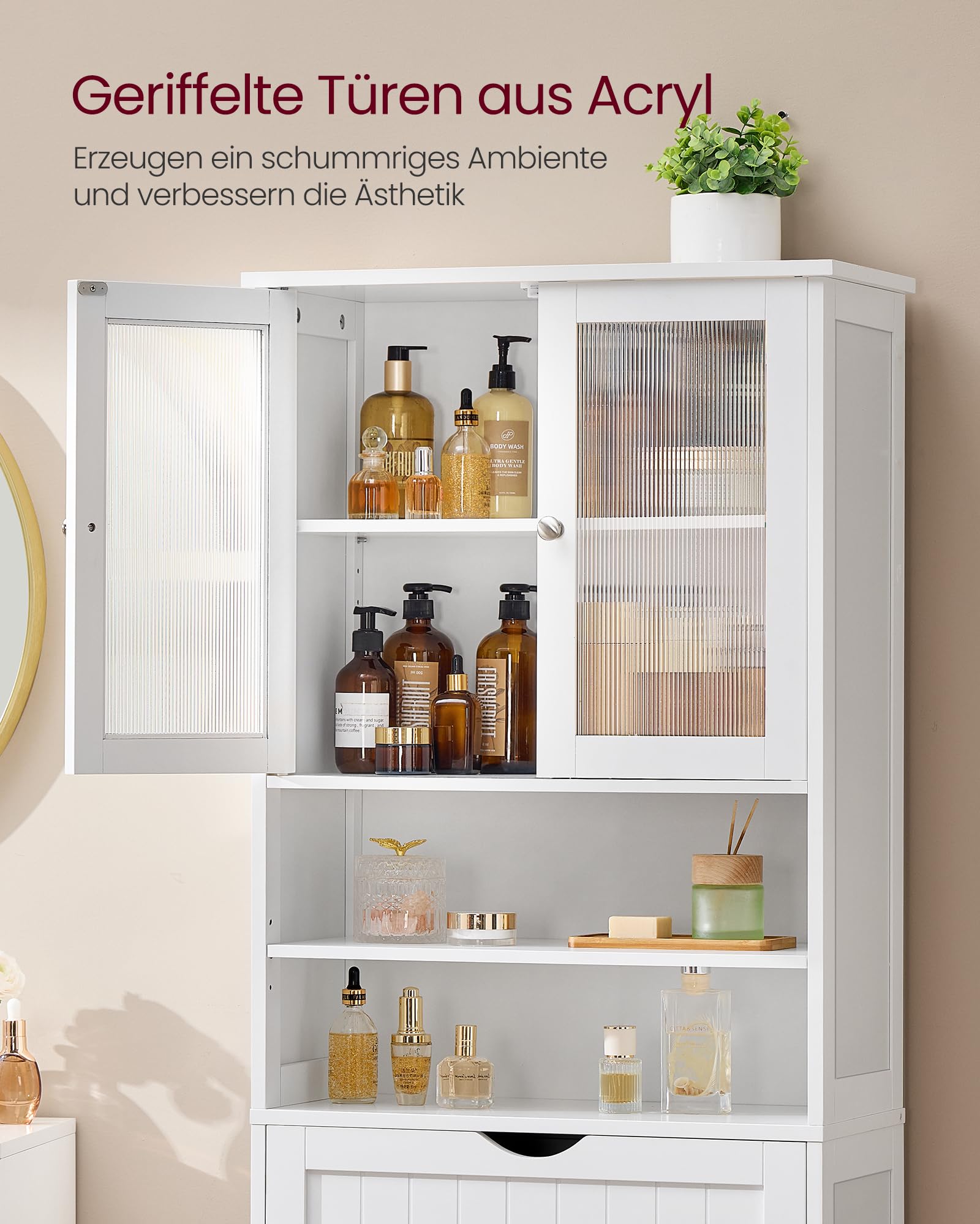 VASAGLE Badezimmerschrank, Badschrank, Aufbewahrungsschrank mit verstellbaren Ablagen, Schublade, offenen Fächern, für Badezimmer, Wohnzimmer, Esszimmer, wolkenweiß BBC768W01